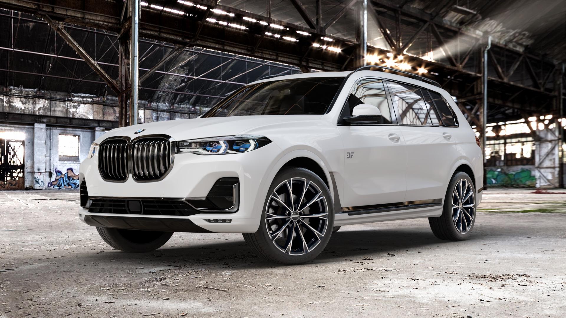 GMP Italia TOTALE Black Diamond Felge mit Reifen schwarz in 22Zoll Winterfelge Alufelge auf weissem BMW X7 Typ G07 (G7X) ⬇️ mit 15mm Tieferlegung ⬇️ Old Industrial Hall_max_5300mm_2024 Frontansicht_1