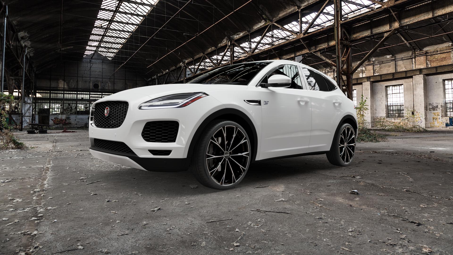 GMP Italia TOTALE Black Diamond Felge mit Reifen schwarz in 22Zoll Winterfelge Alufelge auf weissem Jaguar E-Pace Typ DF ⬇️ mit 15mm Tieferlegung ⬇️ Old Industrial Hall_max5000mm_2022 Frontansicht_1
