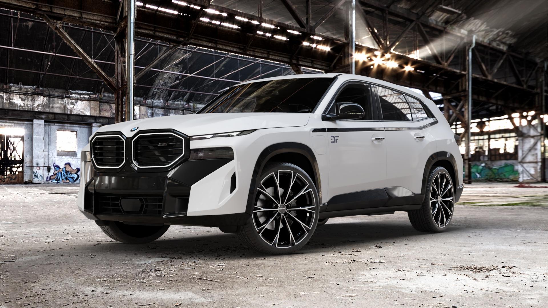 GMP Italia TOTALE Black Diamond Felge mit Reifen schwarz in 23Zoll Winterfelge Alufelge auf weissem BMW XM Typ G09 (F56XM) 3,0l 50e 230kW Hybrid (313 PS) ⬇️ mit 15mm Tieferlegung ⬇️ Old Industrial Hall_max_5300mm_2024 Frontansicht_1