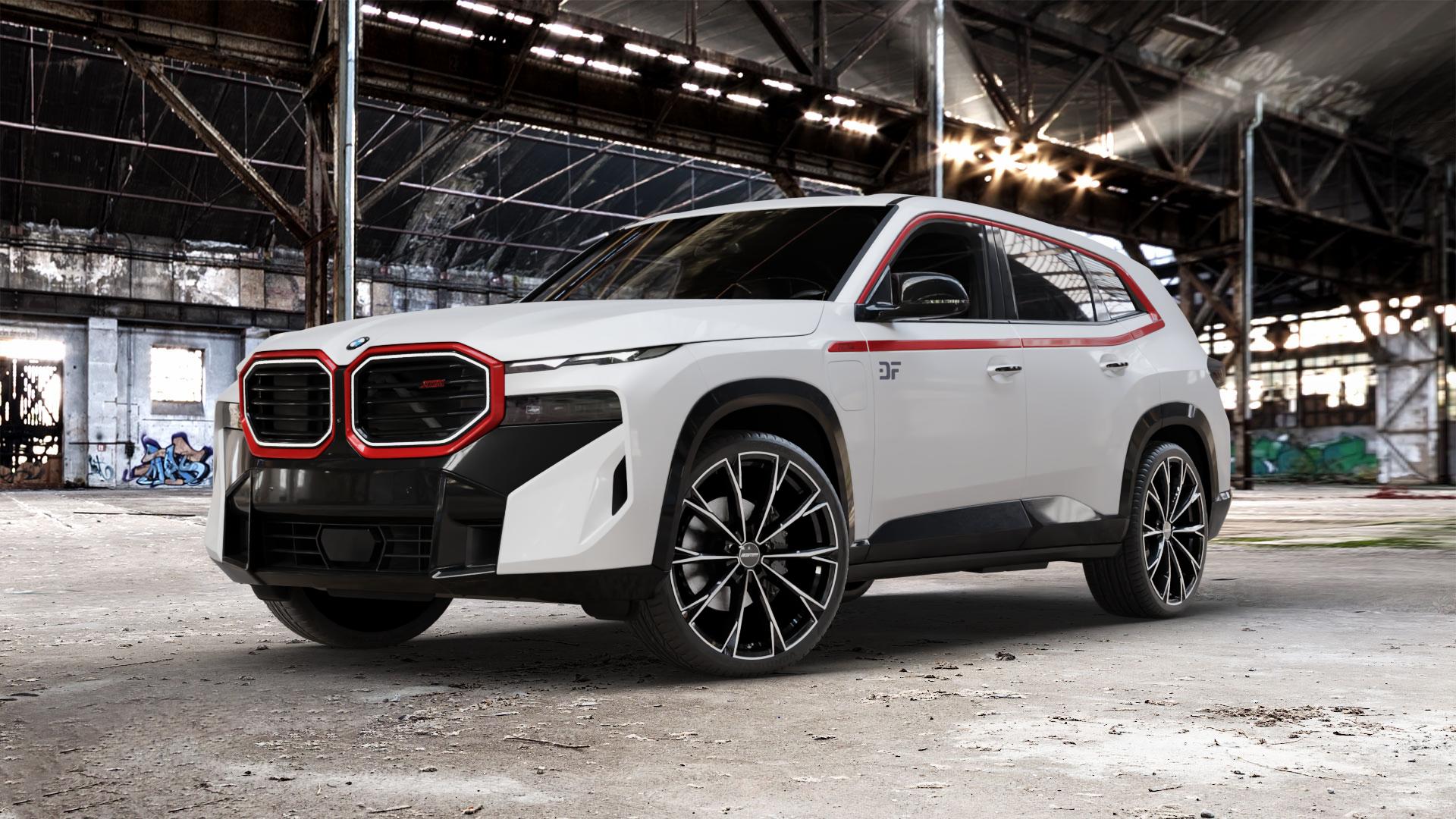 GMP Italia TOTALE Black Diamond Felge mit Reifen schwarz in 23Zoll Winterfelge Alufelge auf weissem BMW XM Typ G09 (F56XM) 4,4l Label 430kW Hybrid (585 PS) ⬇️ mit 15mm Tieferlegung ⬇️ Old Industrial Hall_max_5300mm_2024 Frontansicht_1