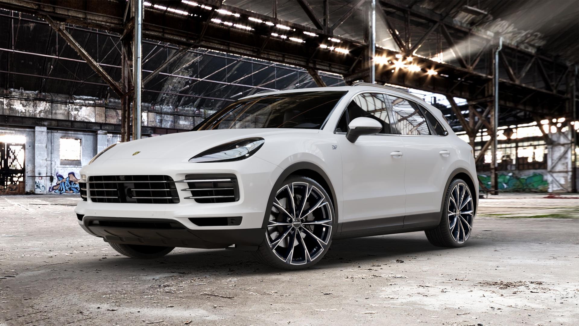 GMP Italia TOTALE Black Diamond Felge mit Reifen schwarz in 23Zoll Winterfelge Alufelge auf weissem Porsche Cayenne III Typ 9YA ⬇️ mit 15mm Tieferlegung ⬇️ Old Industrial Hall_max_5300mm_2024 Frontansicht_1