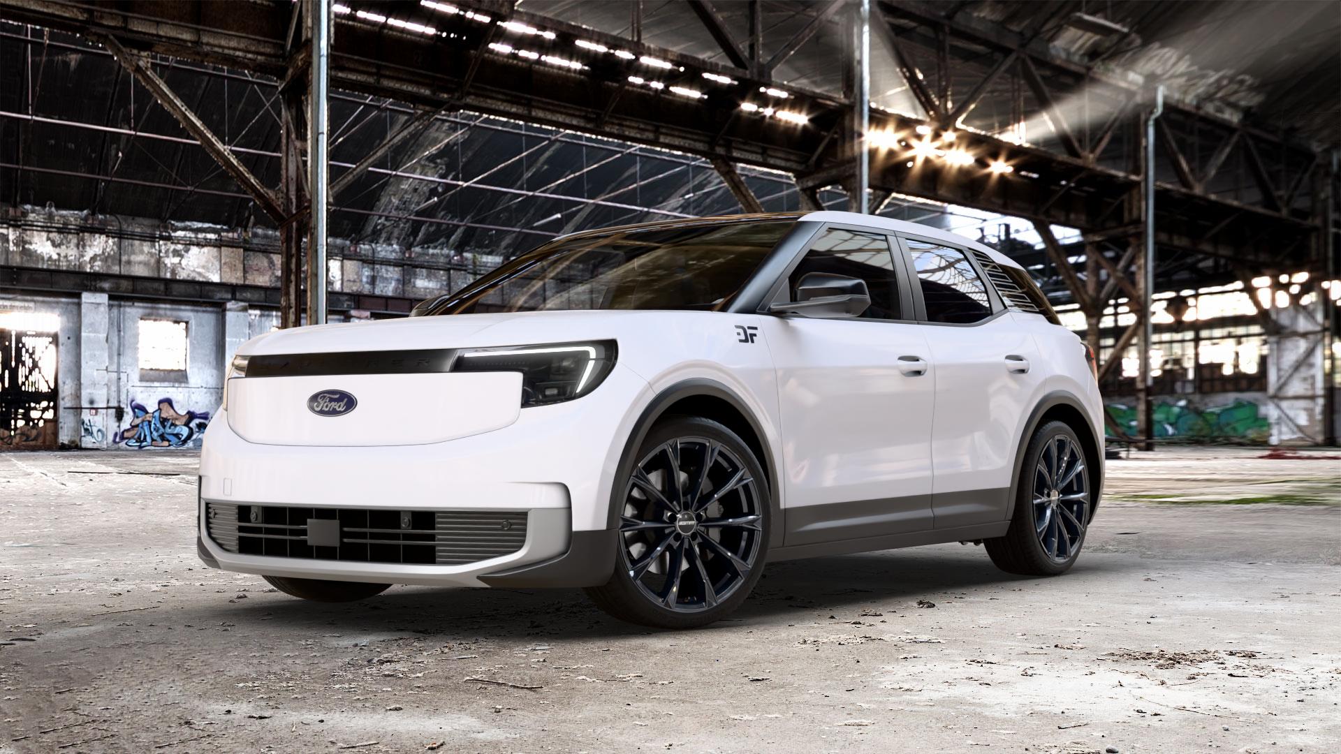 GMP Italia TOTALE Black glossy Felge mit Reifen schwarz in 21Zoll Winterfelge Alufelge auf weissem Ford Explorer Typ DRP 0,0l 89kW Extended Range (121 PS) AWD ⬇️ mit 15mm Tieferlegung ⬇️ Old Industrial Hall_max_5300mm_2024 Frontansicht_1