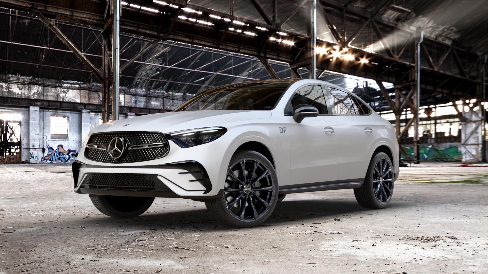 GMP Italia TOTALE Black glossy Felge mit Reifen schwarz in 21Zoll Winterfelge Alufelge auf weissem Mercedes GLC-Klasse Coupe Typ C254 ⬇️ mit 15mm Tieferlegung ⬇️ Old Industrial Hall_max_5300mm_2024 Frontansicht_1