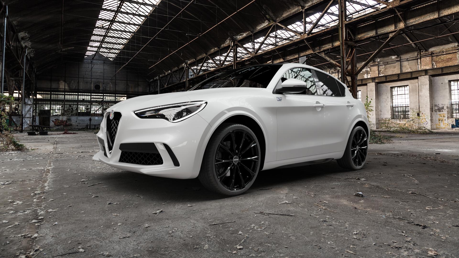 GMP Italia TOTALE Black glossy Felge mit Reifen schwarz in 22Zoll Winterfelge Alufelge auf weissem Alfa Romeo Stelvio Typ 949 ⬇️ mit 15mm Tieferlegung ⬇️ Old Industrial Hall_max5000mm_2022 Frontansicht_1