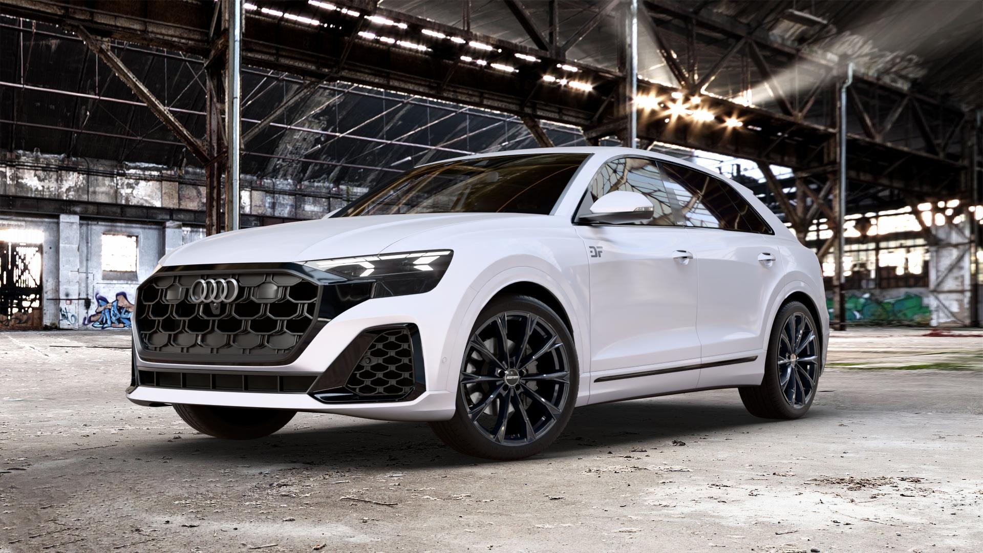 GMP Italia TOTALE Black glossy Felge mit Reifen schwarz in 22Zoll Winterfelge Alufelge auf weißem Audi Q8 Typ 4M (4L) Facelift ⬇️ mit 15mm Tieferlegung ⬇️ Old Industrial Hall_max_5300mm_2024 Frontansicht_1
