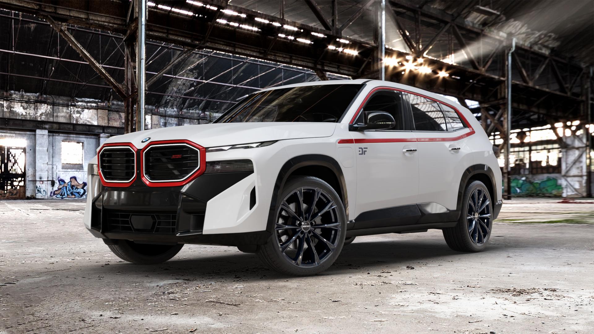 GMP Italia TOTALE Black glossy Felge mit Reifen schwarz in 22Zoll Winterfelge Alufelge auf weissem BMW XM Typ G09 (F56XM) 4,4l Label 430kW Hybrid (585 PS) ⬇️ mit 15mm Tieferlegung ⬇️ Old Industrial Hall_max_5300mm_2024 Frontansicht_1