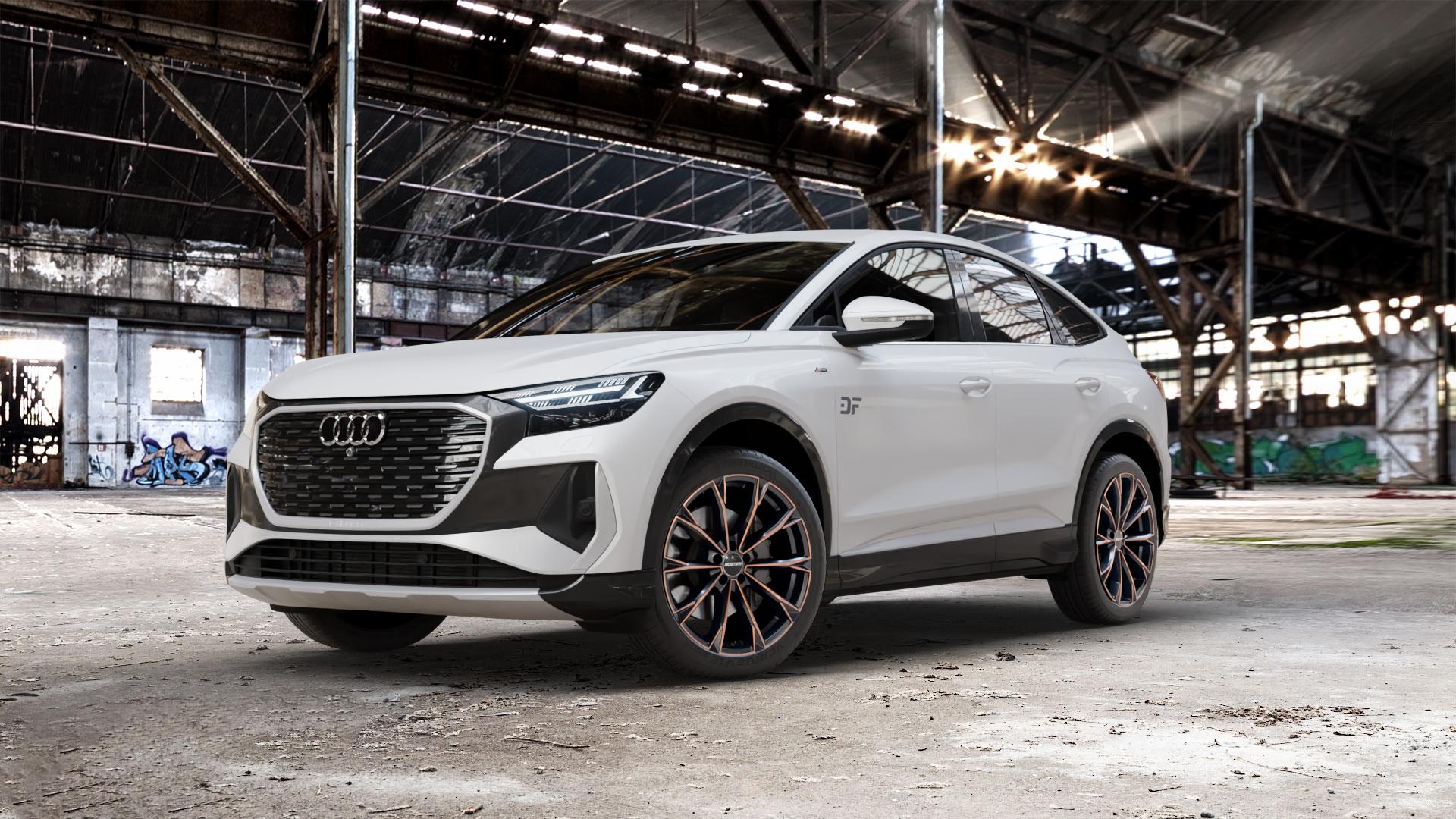 GMP Italia TOTALE Luci di Portofino Felge mit Reifen schwarz bronze in 20Zoll Winterfelge Alufelge auf weissem Audi Q4 Sportback Typ FZ e-tron ⬇️ mit 15mm Tieferlegung ⬇️ Old Industrial Hall_max_5300mm_2024 Frontansicht_1
