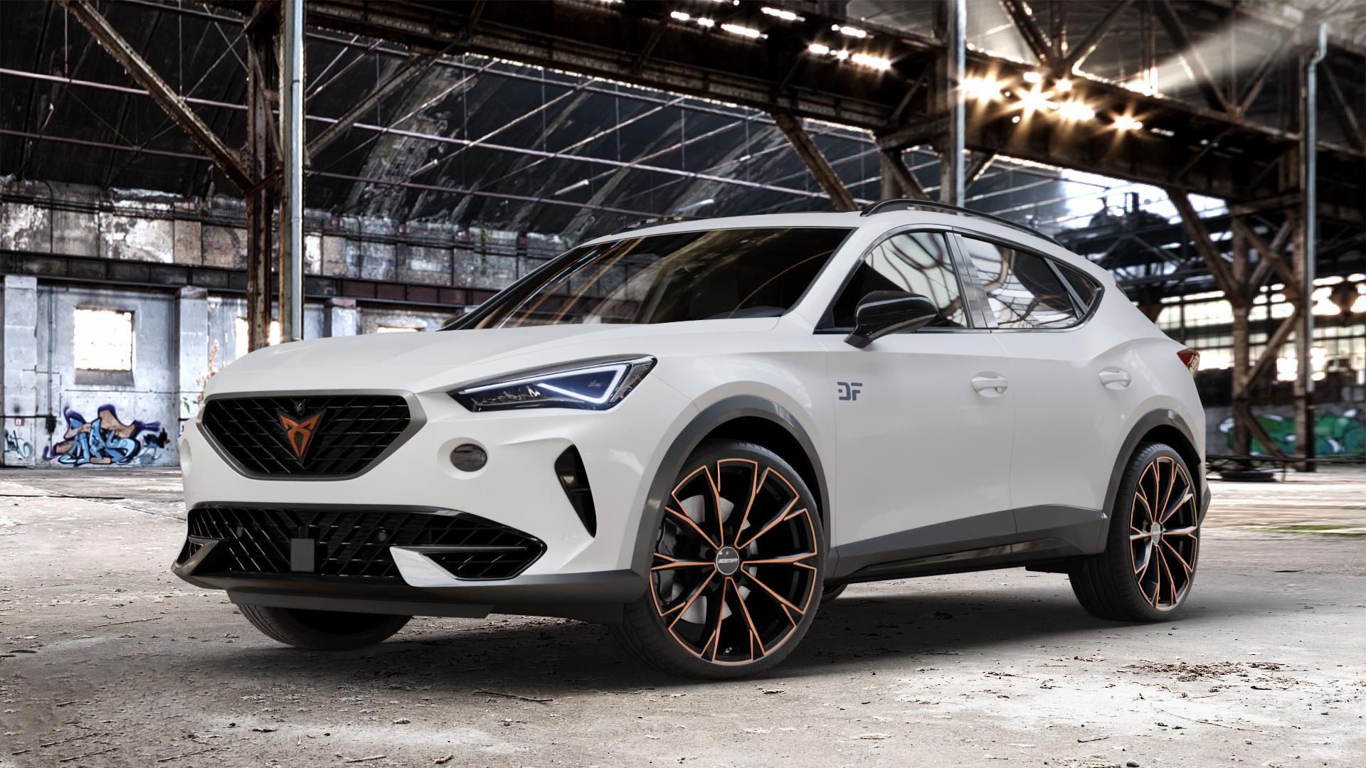GMP Italia TOTALE Luci di Portofino Felge mit Reifen schwarz bronze in 20Zoll Winterfelge Alufelge auf weissem Cupra Formentor Typ KM ⬇️ mit 15mm Tieferlegung ⬇️ Old Industrial Hall_max_4400mm_2024 Frontansicht_1