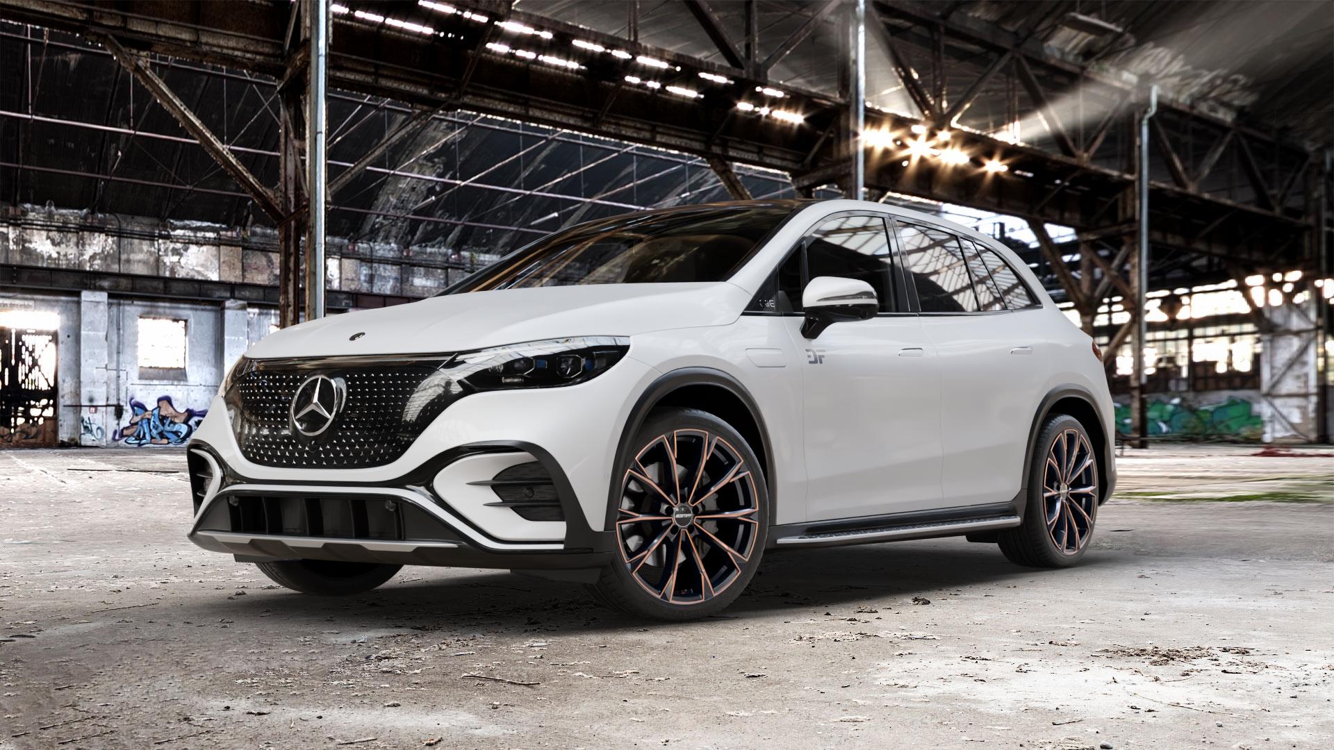 GMP Italia TOTALE Luci di Portofino Felge mit Reifen schwarz bronze in 21Zoll Winterfelge Alufelge auf weissem Mercedes EQE SUV Typ E2EQEX ⬇️ mit 15mm Tieferlegung ⬇️ Old Industrial Hall_max_5300mm_2024 Frontansicht_1