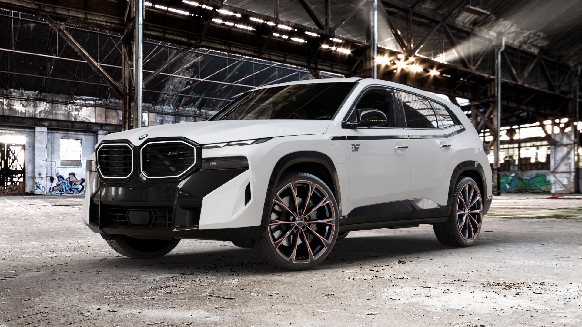 GMP Italia TOTALE Luci di Portofino Felge mit Reifen schwarz bronze in 23Zoll Winterfelge Alufelge auf weissem BMW XM Typ G09 (F56XM) 3,0l 50e 230kW Hybrid (313 PS) ⬇️ mit 15mm Tieferlegung ⬇️ Old Industrial Hall_max_5300mm_2024 Frontansicht_1