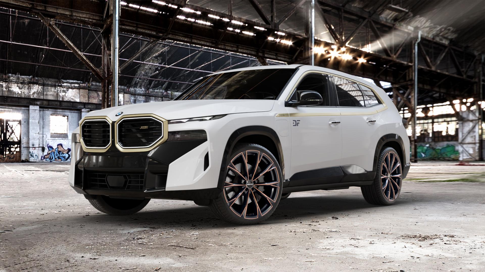 GMP Italia TOTALE Luci di Portofino Felge mit Reifen schwarz bronze in 23Zoll Winterfelge Alufelge auf weissem BMW XM Typ G09 (F56XM) 4,4l 360kW Hybrid (489 PS) ⬇️ mit 15mm Tieferlegung ⬇️ Old Industrial Hall_max_5300mm_2024 Frontansicht_1