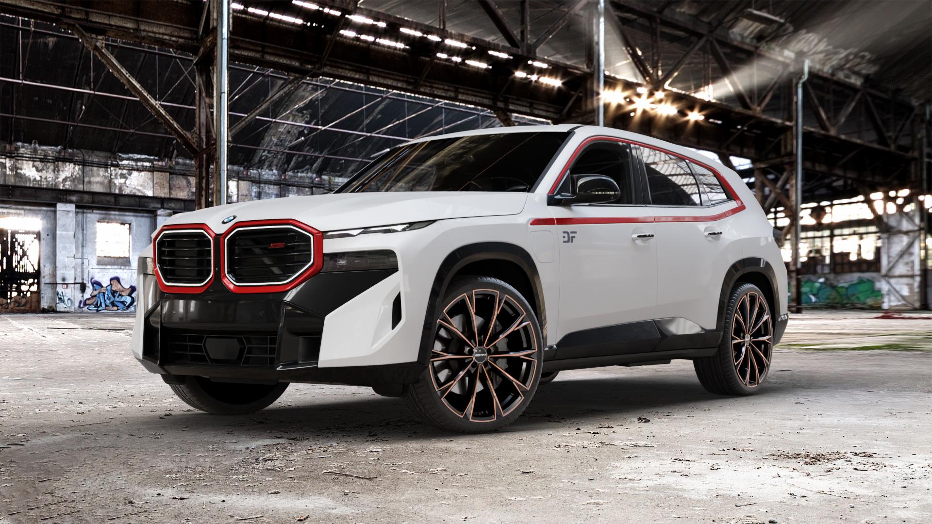 GMP Italia TOTALE Luci di Portofino Felge mit Reifen schwarz bronze in 23Zoll Winterfelge Alufelge auf weissem BMW XM Typ G09 (F56XM) 4,4l Label 430kW Hybrid (585 PS) ⬇️ mit 15mm Tieferlegung ⬇️ Old Industrial Hall_max_5300mm_2024 Frontansicht_1