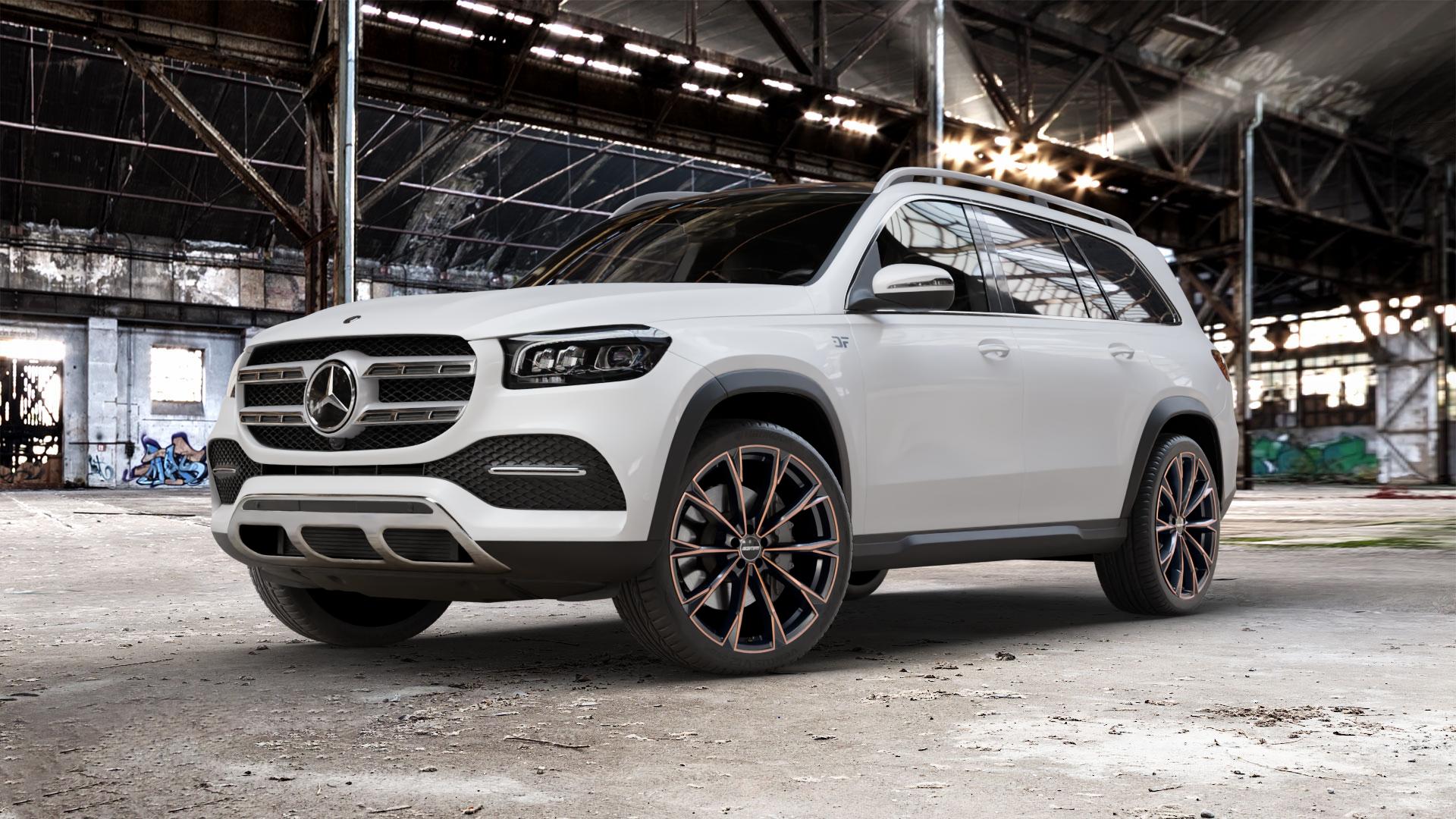 GMP Italia TOTALE Luci di Portofino Felge mit Reifen schwarz bronze in 23Zoll Winterfelge Alufelge auf weissem Mercedes GLS-Klasse Typ 167 (H1GLE) 2,9l 350 d 4Matic 210kW (286 PS) 400 243kW (330 4,0l 580 360kW Mild-Hybrid (489 ⬇️ mit 15mm Tieferlegung ⬇️ Old Industrial Hall_max_5300mm_2024 Frontansicht_1