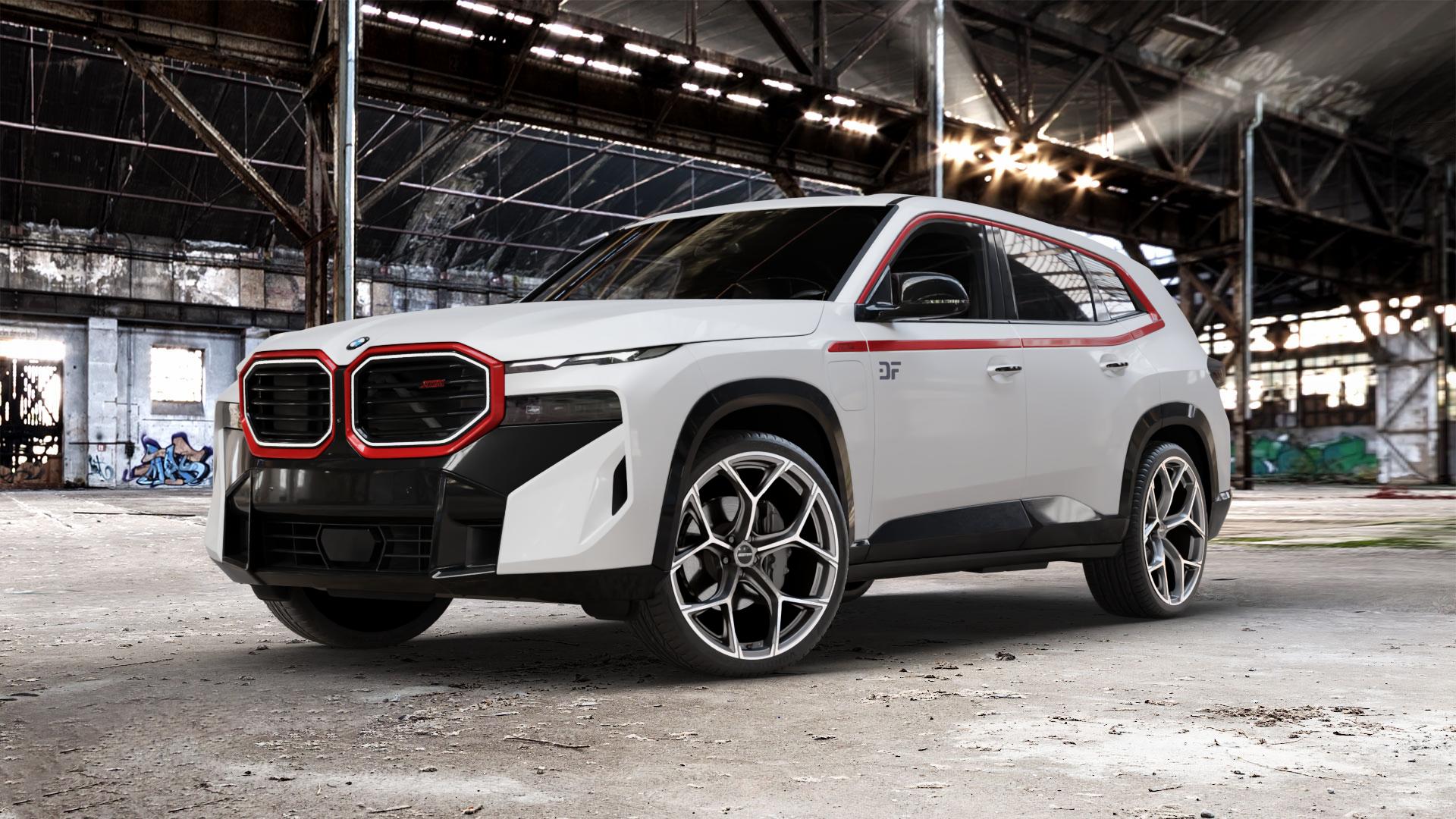 GMP Italia Ultrivity Anthr. matt diamond Felge mit Reifen grau anthrazit in 23Zoll Winterfelge Alufelge auf weissem BMW XM Typ G09 (F56XM) 4,4l Label 430kW Hybrid (585 PS) ⬇️ mit 15mm Tieferlegung ⬇️ Old Industrial Hall_max_5300mm_2024 Frontansicht_1