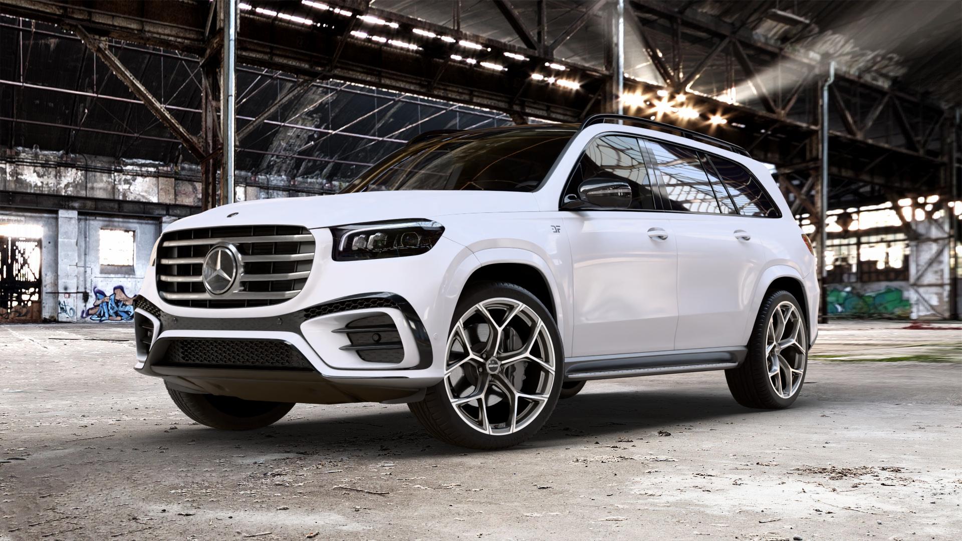 GMP Italia Ultrivity Anthr. matt diamond Felge mit Reifen grau anthrazit in 23Zoll Winterfelge Alufelge auf weissem Mercedes GLS-Klasse Typ 167 (H1GLE) Facelift ⬇️ mit 15mm Tieferlegung ⬇️ Old Industrial Hall_max_5300mm_2024 Frontansicht_1