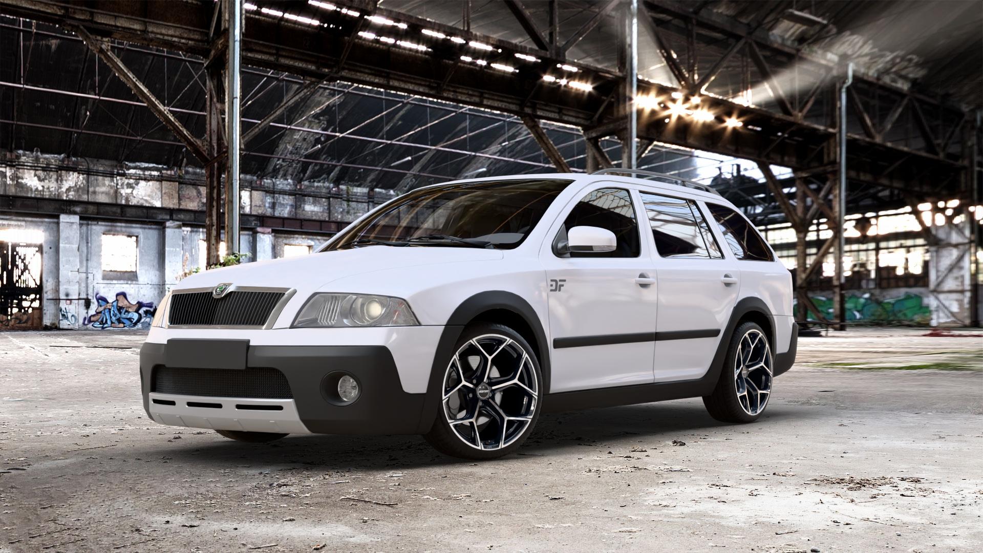 GMP Italia Ultrivity Black Diamond Felge mit Reifen schwarz in 19Zoll Winterfelge Alufelge auf weissem Skoda Octavia II Scout Typ 1Z ⬇️ mit 15mm Tieferlegung ⬇️ Old Industrial Hall_max_5300mm_2024 Frontansicht_1