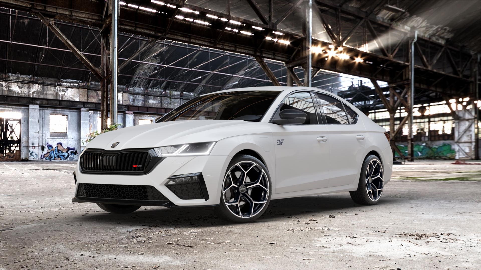 GMP Italia Ultrivity Black Diamond Felge mit Reifen schwarz in 19Zoll Winterfelge Alufelge auf weissem Skoda Octavia IV Limousine Typ NX 2,0l TDI 4x4 147kW (200 PS) TSI 180kW RS (245 1,4l 110kW Hybrid (150 ⬇️ mit 15mm Tieferlegung ⬇️ Old Industrial Hall_max_5300mm_2024 Frontansicht_1
