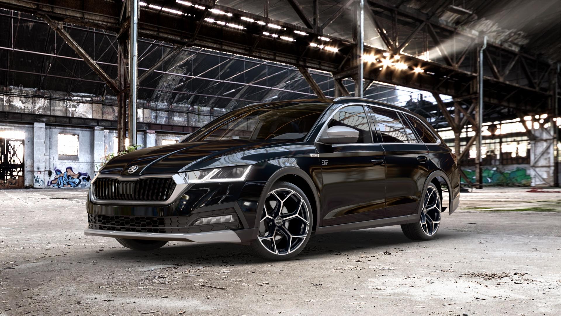 GMP Italia Ultrivity Black Diamond Felge mit Reifen schwarz in 19Zoll Winterfelge Alufelge auf weissem Skoda Octavia IV Scout Typ NX ⬇️ mit 15mm Tieferlegung ⬇️ Old Industrial Hall_max_5300mm_2024 Frontansicht_1