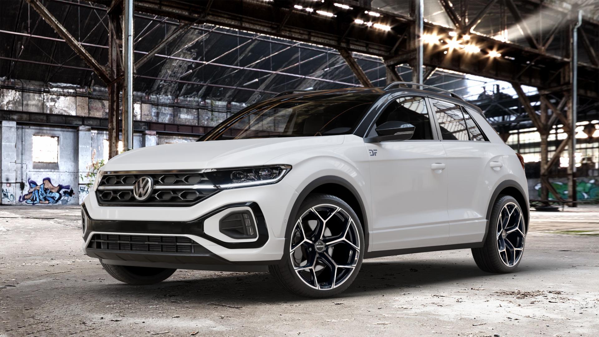 GMP Italia Ultrivity Black Diamond Felge mit Reifen schwarz in 19Zoll Winterfelge Alufelge auf weissem Volkswagen (VW) T-Roc Facelift ⬇️ mit 15mm Tieferlegung ⬇️ Old Industrial Hall_max_4400mm_2024 Frontansicht_1
