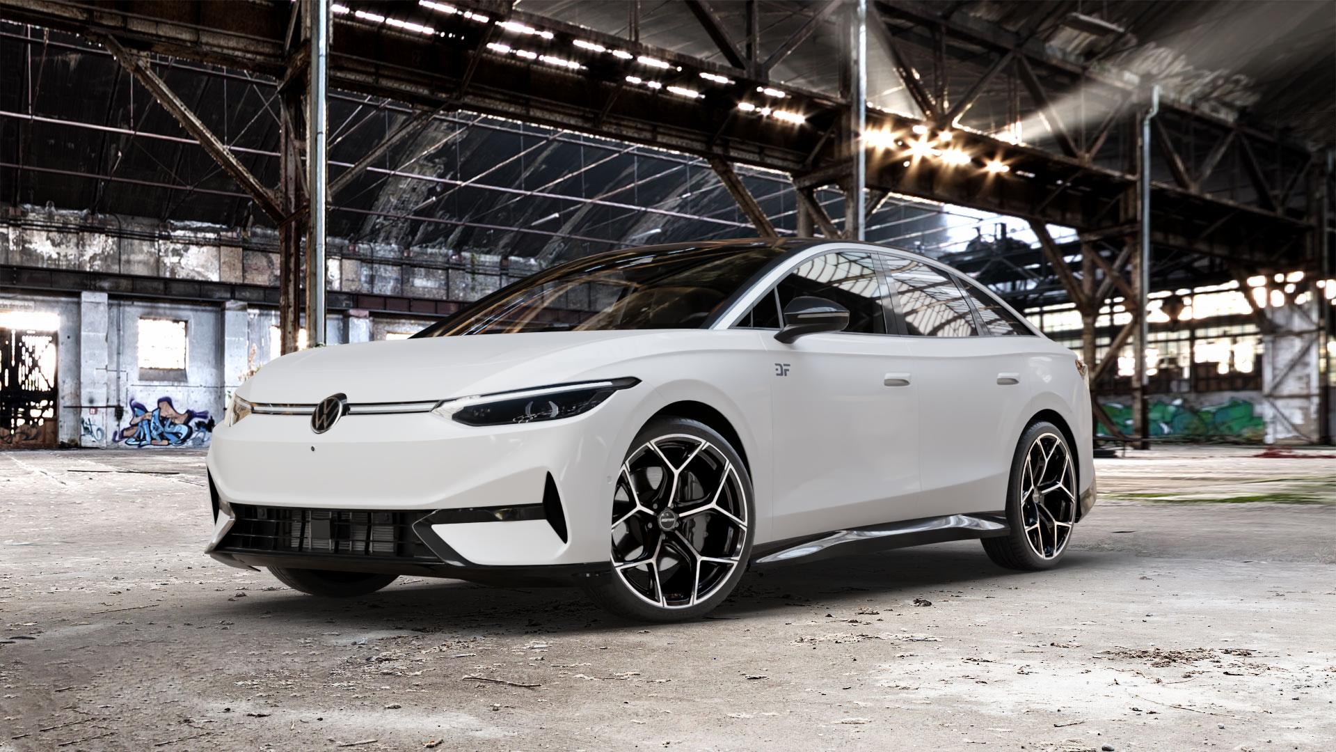 GMP Italia Ultrivity Black Diamond Felge mit Reifen schwarz in 21Zoll Winterfelge Alufelge auf weissem Volkswagen (VW) ID.7 ⬇️ mit 15mm Tieferlegung ⬇️ Old Industrial Hall_max_5300mm_2024 Frontansicht_1
