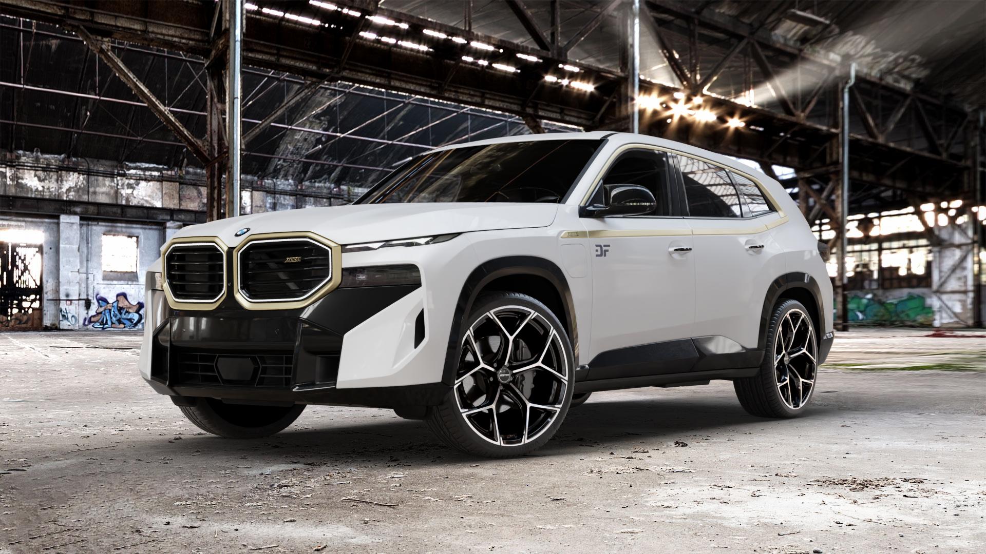 GMP Italia Ultrivity Black Diamond Felge mit Reifen schwarz in 23Zoll Winterfelge Alufelge auf weissem BMW XM Typ G09 (F56XM) 4,4l 360kW Hybrid (489 PS) ⬇️ mit 15mm Tieferlegung ⬇️ Old Industrial Hall_max_5300mm_2024 Frontansicht_1