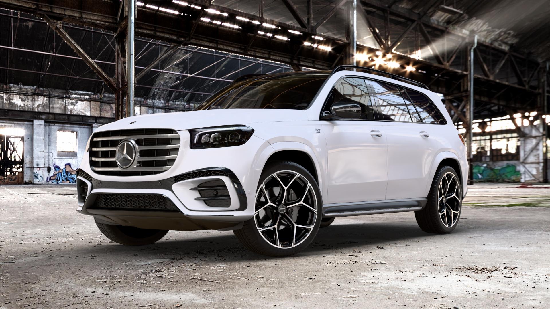 GMP Italia Ultrivity Black Diamond Felge mit Reifen schwarz in 23Zoll Winterfelge Alufelge auf weissem Mercedes GLS-Klasse Typ 167 (H1GLE) Facelift ⬇️ mit 15mm Tieferlegung ⬇️ Old Industrial Hall_max_5300mm_2024 Frontansicht_1