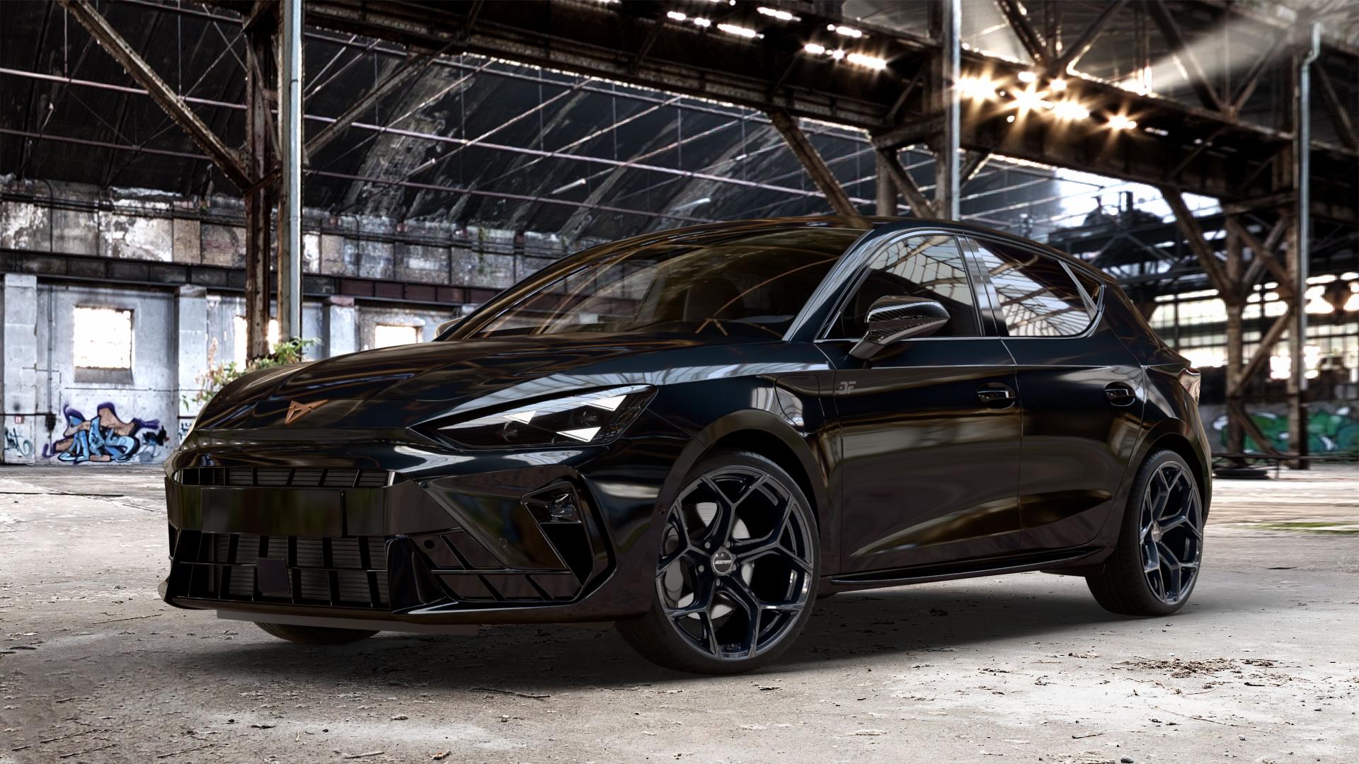 GMP Italia Ultrivity Black glossy Felge mit Reifen schwarz in 19Zoll Winterfelge Alufelge auf metallic schwarzem Cupra Leon Typ KL Facelift ⬇️ mit 15mm Tieferlegung ⬇️ Old Industrial Hall_max_4400mm_2024 Frontansicht_1