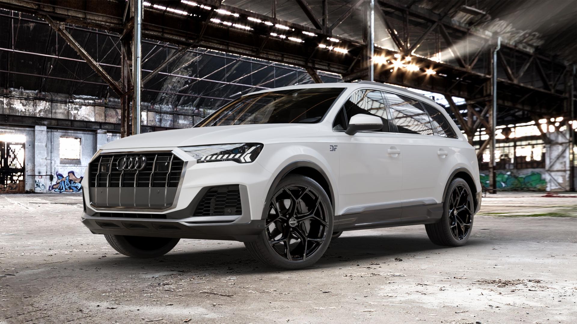 GMP Italia Ultrivity Black glossy Felge mit Reifen schwarz in 22Zoll Winterfelge Alufelge auf weissem Audi Q7 II Typ 4M (4L) Facelift 19-> ⬇️ mit 15mm Tieferlegung ⬇️ Old Industrial Hall_max_5300mm_2024 Frontansicht_1