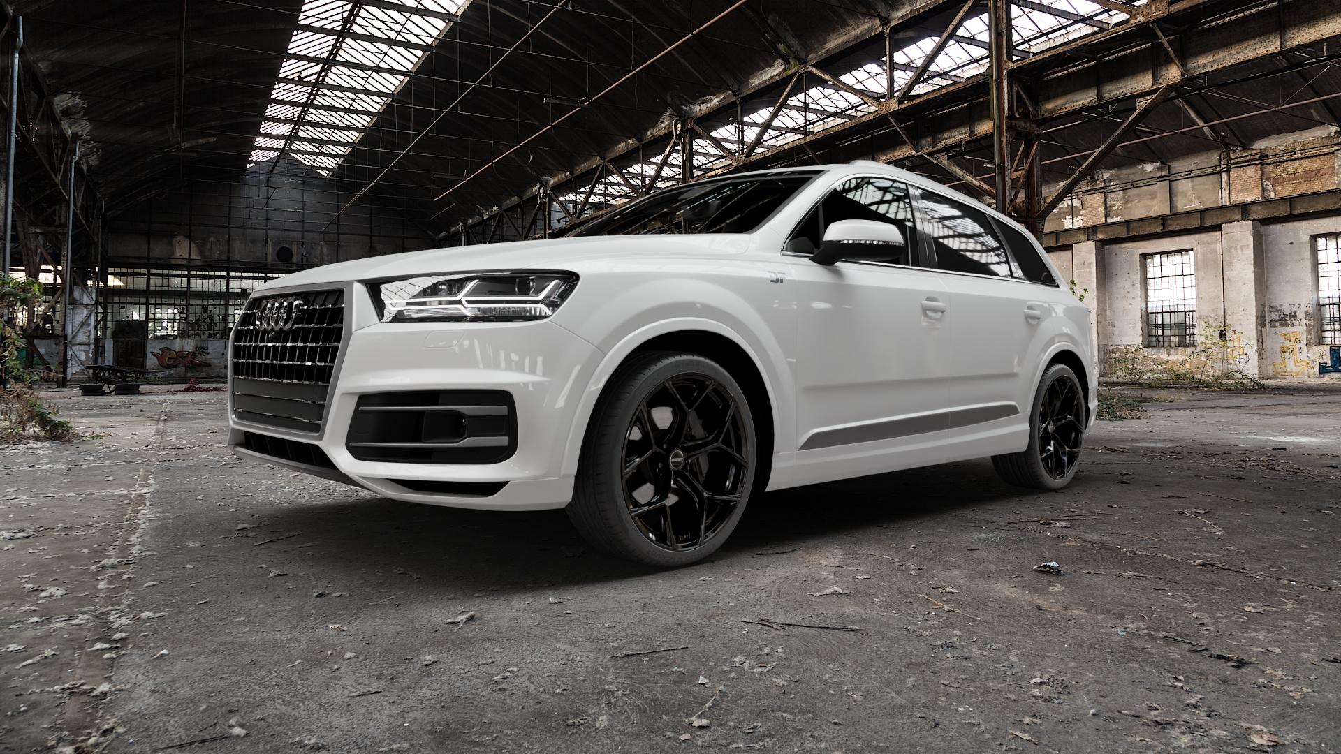 GMP Italia Ultrivity Black glossy Felge mit Reifen schwarz in 22Zoll Winterfelge Alufelge auf weissem Audi Q7 II Typ 4M (4L) ⬇️ mit 15mm Tieferlegung ⬇️ Old Industrial Hall_max5000mm_2022 Frontansicht_1