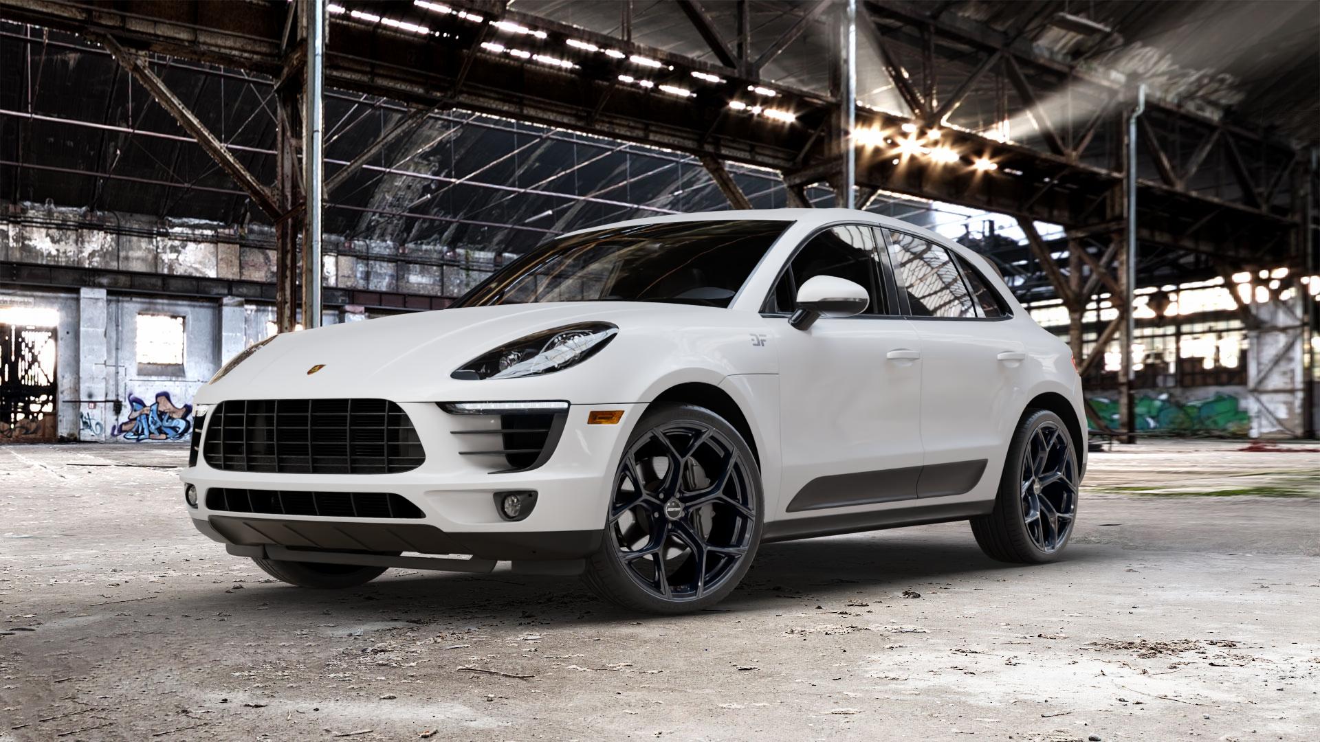 GMP Italia Ultrivity Black glossy Felge mit Reifen schwarz in 22Zoll Winterfelge Alufelge auf weissem Porsche Macan Typ 95B ⬇️ mit 15mm Tieferlegung ⬇️ Old Industrial Hall_max_5300mm_2024 Frontansicht_1