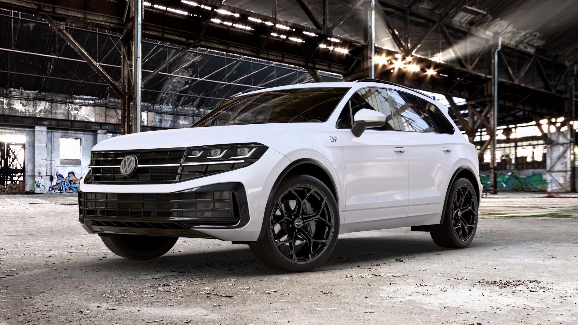 GMP Italia Ultrivity Black glossy Felge mit Reifen schwarz in 22Zoll Winterfelge Alufelge auf weissem Volkswagen (VW) Touareg III Typ CR Facelift ⬇️ mit 15mm Tieferlegung ⬇️ Old Industrial Hall_max_5300mm_2024 Frontansicht_1