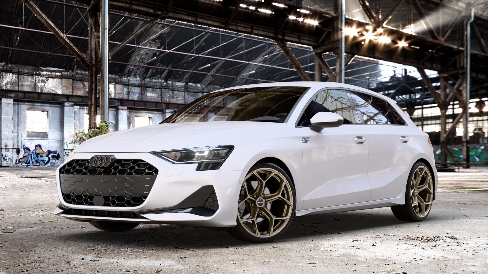 GMP Italia Ultrivity Metal Bronze Felge mit Reifen in 19Zoll Winterfelge Alufelge auf weissem Audi A3 Typ GY (Sportback) Facelift 2,0l 30 TDI 85kW (116 PS) 1,5l TFSI Mild-Hybrid 35 110kW (150 PHEV 200 130kW Hybrid (177 150 ⬇️ mit 15mm Tieferlegung ⬇️ Old Industrial Hall_max_4400mm_2024 Frontansicht_1