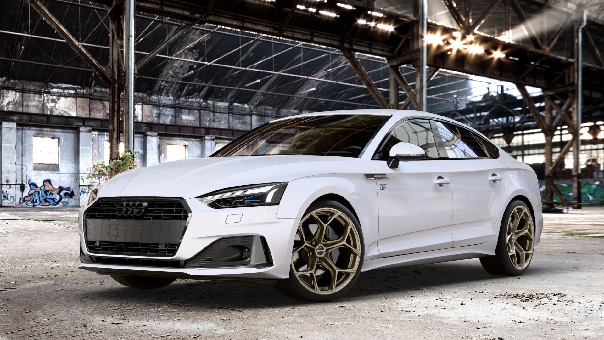 GMP Italia Ultrivity Metal Bronze Felge mit Reifen in 19Zoll Winterfelge Alufelge auf weissem Audi A5 Typ B9 (Sportback) Facelift ⬇️ mit 15mm Tieferlegung ⬇️ Old Industrial Hall_max_4400mm_2024 Frontansicht_1
