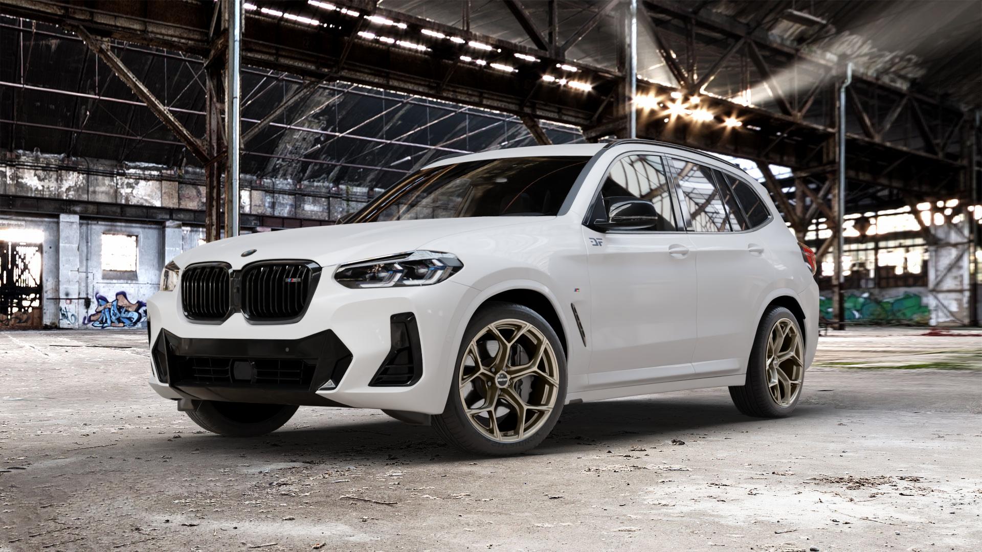 GMP Italia Ultrivity Metal Bronze Felge mit Reifen in 20Zoll Winterfelge Alufelge auf weissem BMW X3 Typ G01 (G3X) Facelift ⬇️ mit 15mm Tieferlegung ⬇️ Old Industrial Hall_max_5300mm_2024 Frontansicht_1