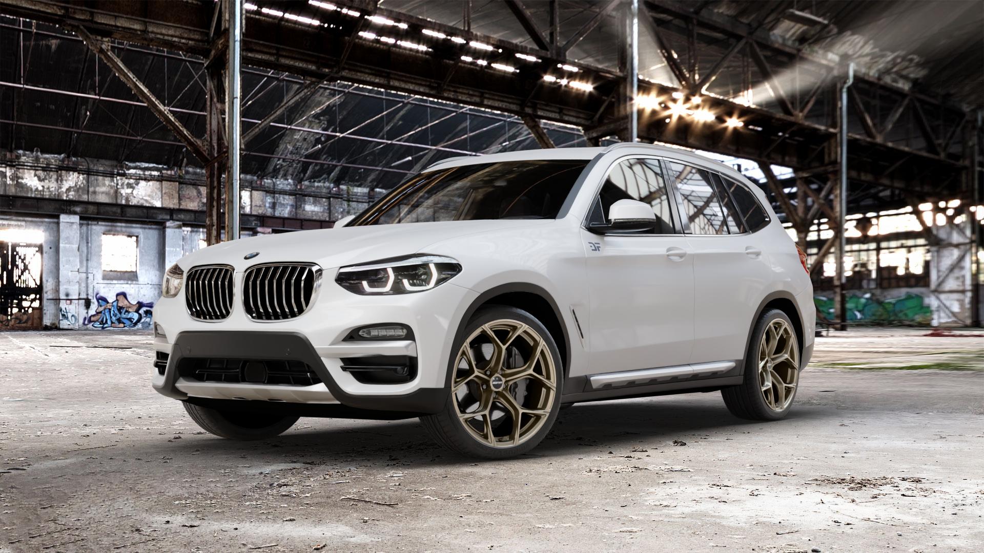 GMP Italia Ultrivity Metal Bronze Felge mit Reifen in 21Zoll Winterfelge Alufelge auf weissem BMW X3 Typ G01 (G3X) ⬇️ mit 15mm Tieferlegung ⬇️ Old Industrial Hall_max_5300mm_2024 Frontansicht_1