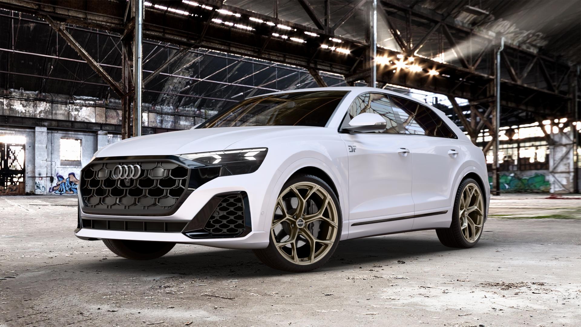 GMP Italia Ultrivity Metal Bronze Felge mit Reifen in 23Zoll Winterfelge Alufelge auf weißem Audi Q8 Typ 4M (4L) Facelift ⬇️ mit 15mm Tieferlegung ⬇️ Old Industrial Hall_max_5300mm_2024 Frontansicht_1