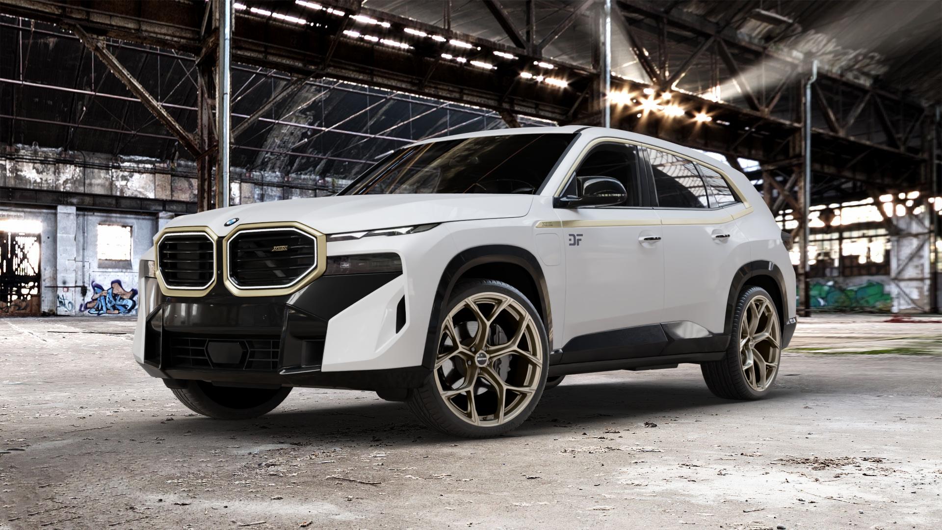 GMP Italia Ultrivity Metal Bronze Felge mit Reifen in 23Zoll Winterfelge Alufelge auf weissem BMW XM Typ G09 (F56XM) 4,4l 360kW Hybrid (489 PS) ⬇️ mit 15mm Tieferlegung ⬇️ Old Industrial Hall_max_5300mm_2024 Frontansicht_1