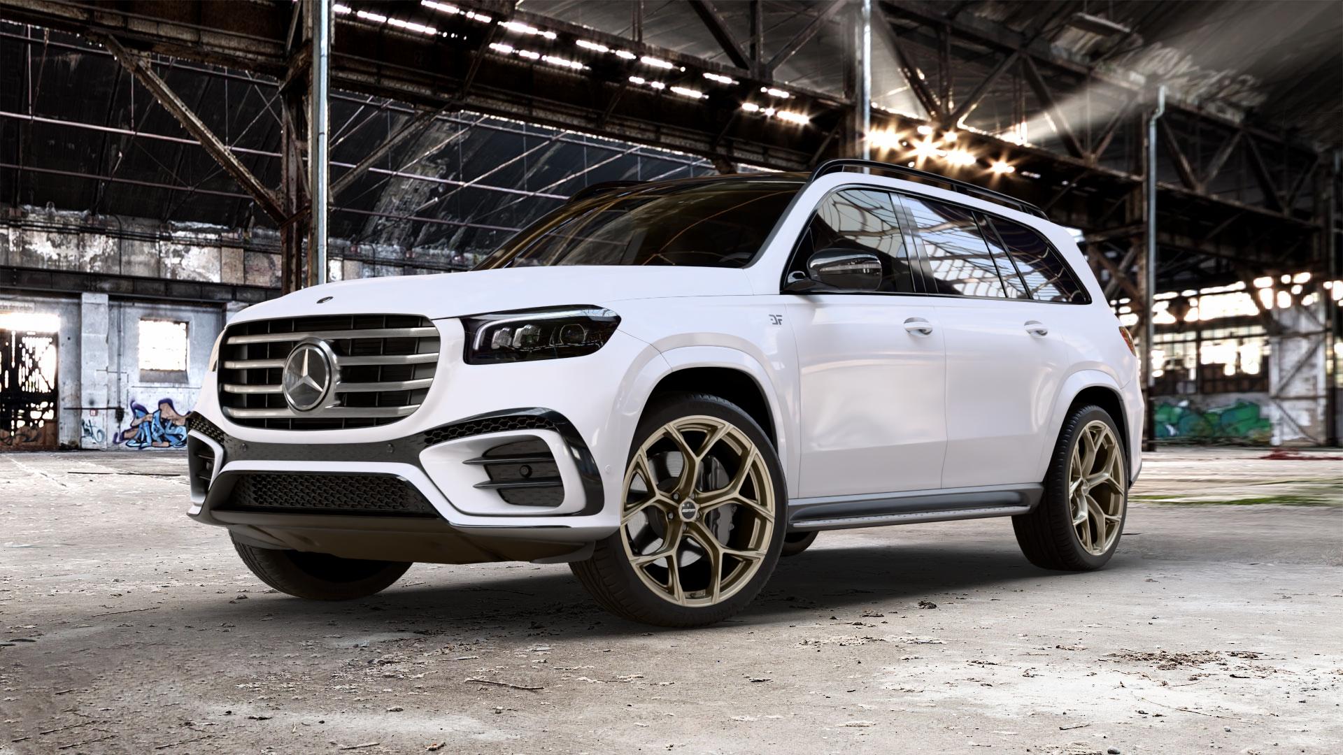 GMP Italia Ultrivity Metal Bronze Felge mit Reifen in 23Zoll Winterfelge Alufelge auf weissem Mercedes GLS-Klasse Typ 167 (H1GLE) Facelift ⬇️ mit 15mm Tieferlegung ⬇️ Old Industrial Hall_max_5300mm_2024 Frontansicht_1