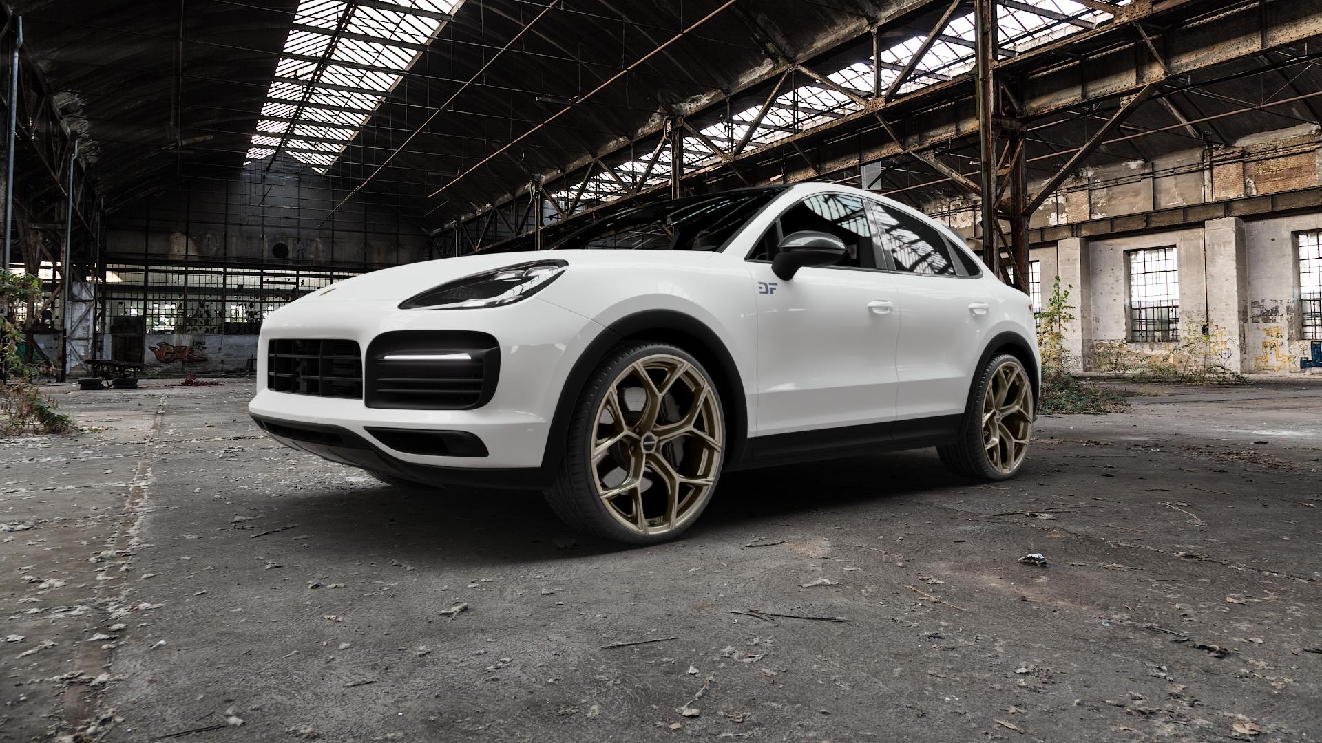 GMP Italia Ultrivity Metal Bronze Felge mit Reifen in 23Zoll Winterfelge Alufelge auf weissem Porsche Cayenne III Coupe Typ 9YA ⬇️ mit 15mm Tieferlegung ⬇️ Old Industrial Hall_max5000mm_2022 Frontansicht_1