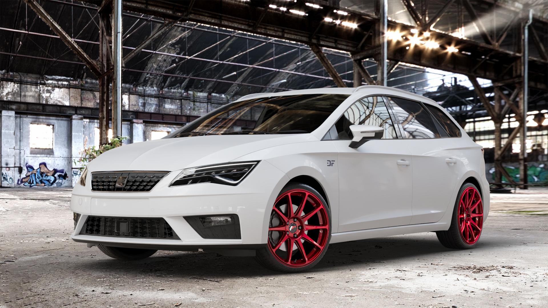 Japan Racing Wheels JR11 Platinum Red Felge mit Reifen grau rot in 19Zoll Winterfelge Alufelge auf weissem Seat Leon Typ 5F ST Facelift ⬇️ mit 15mm Tieferlegung ⬇️ Old Industrial Hall_max_4400mm_2024 Frontansicht_1