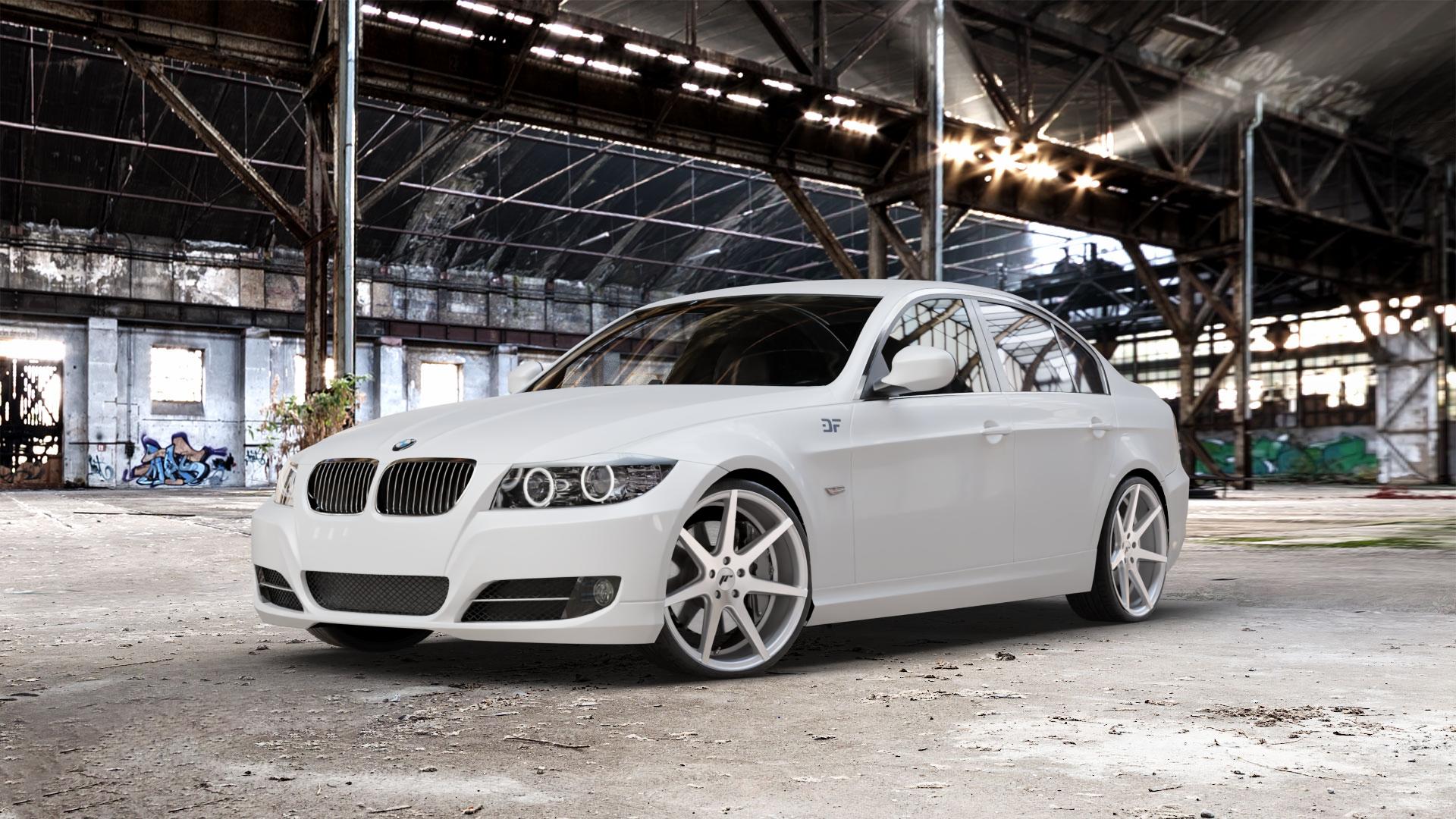 Japan Racing Wheels JR20 Silver Machined Felge mit Reifen silber in 20Zoll Alufelge auf weissem BMW 318i Typ E90 (Limousine) 320i 335i 335d 318d 320d 325i 330i 330d 316i 325xi 330xi 325d 330xd 320si M3 (M390) 320xd 316d 335xi 323i CRT 3er Limousine (390L, 3 ⬇️ mit 15mm Tieferlegung ⬇️ Old Industrial Hall_max_5300mm_2024 Frontansicht_1
