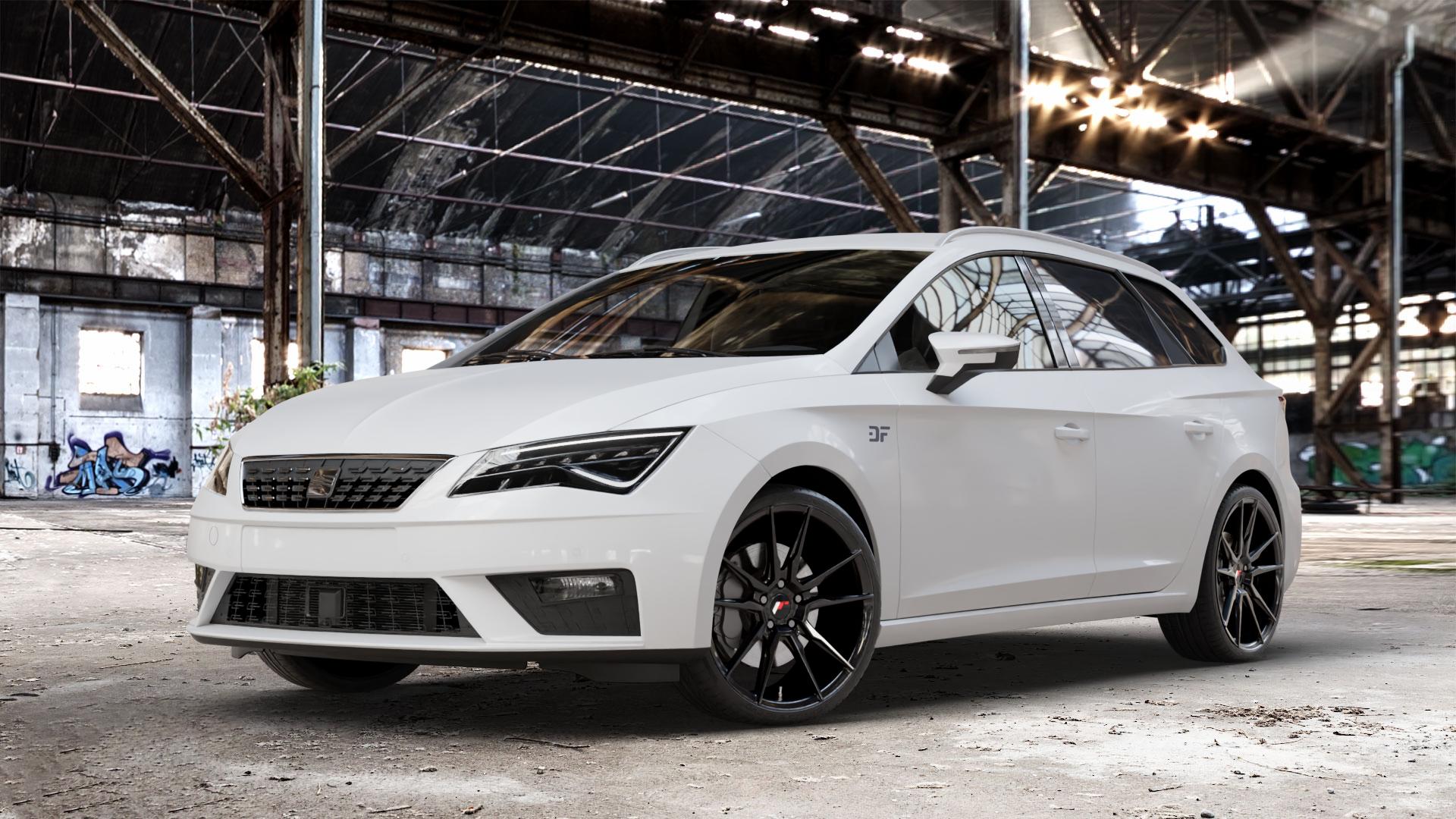 Japan Racing Wheels JR21 Gloss Black Felge mit Reifen schwarz in 19Zoll Winterfelge Alufelge auf weissem Seat Leon Typ 5F ST Facelift ⬇️ mit 15mm Tieferlegung ⬇️ Old Industrial Hall_max_4400mm_2024 Frontansicht_1
