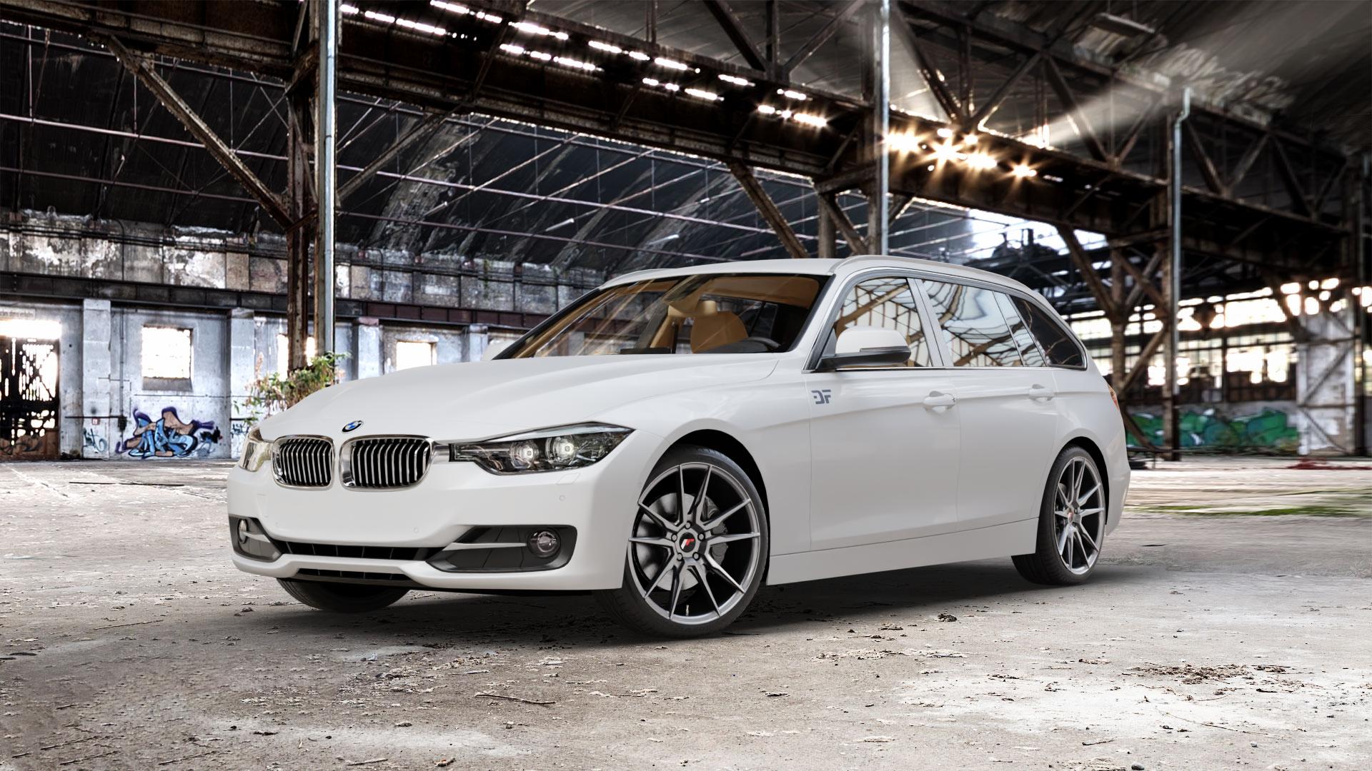 Japan Racing Wheels JR21 Hyper Gray Felge mit Reifen grau silber in 19Zoll Winterfelge Alufelge auf weissem BMW 320i Typ F31 (Touring) 328i 316d 318d 320d 316i EffDyn Edition 325d 335i xDrive 335d ⬇️ mit 15mm Tieferlegung ⬇️ Old Industrial Hall_max_5300mm_2024 Frontansicht_1