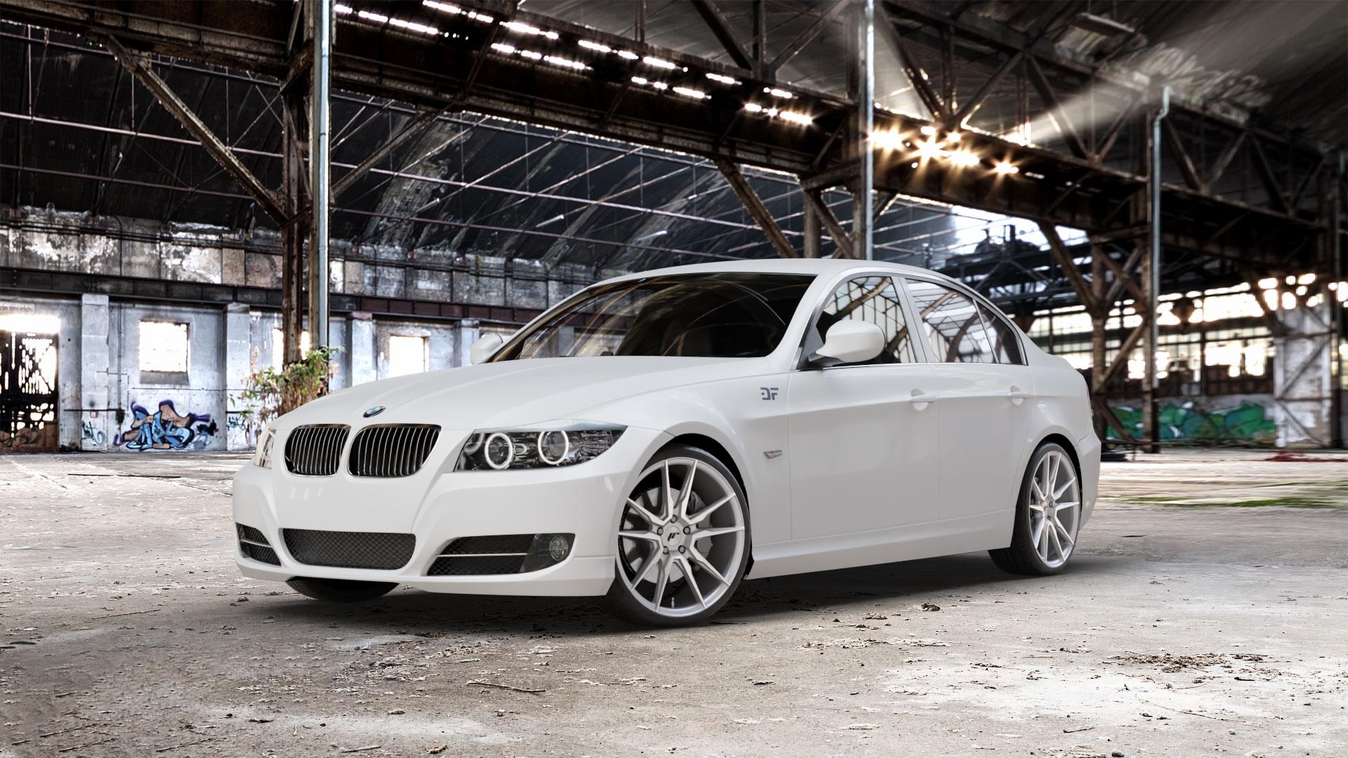 Japan Racing Wheels JR21 Silver Machined Felge mit Reifen silber in 19Zoll Alufelge auf weissem BMW 318i Typ E90 (Limousine) 320i 335i 335d 318d 320d 325i 330i 330d 316i 325xi 330xi 325d 330xd 320si M3 (M390) 320xd 316d 335xi 323i CRT 3er Limousine (390L, 3 ⬇️ mit 15mm Tieferlegung ⬇️ Old Industrial Hall_max_5300mm_2024 Frontansicht_1