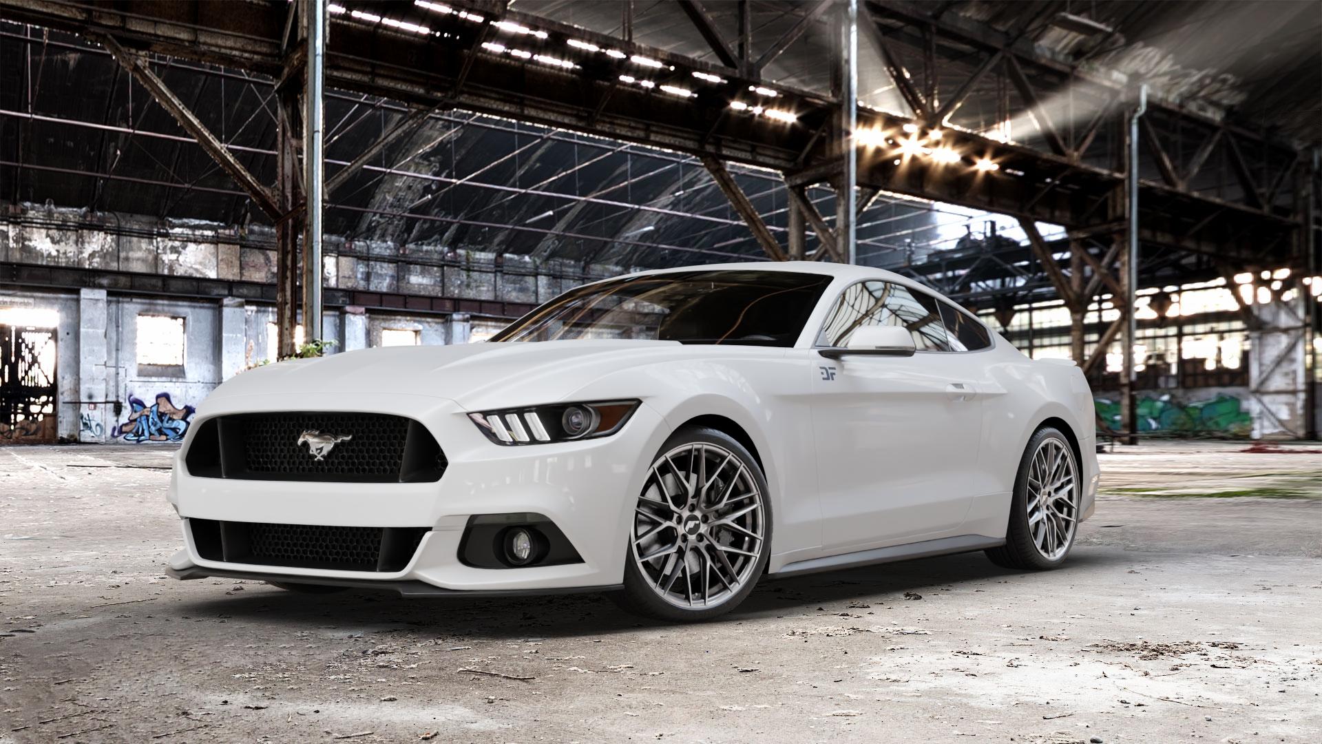 Japan Racing Wheels JR28 Hyper Black Felge mit Reifen silber schwarz in 20Zoll Winterfelge Alufelge auf weissem Ford Mustang VI Coupe Typ LAE Cabrio ⬇️ mit 15mm Tieferlegung ⬇️ Old Industrial Hall_max_5300mm_2024 Frontansicht_1