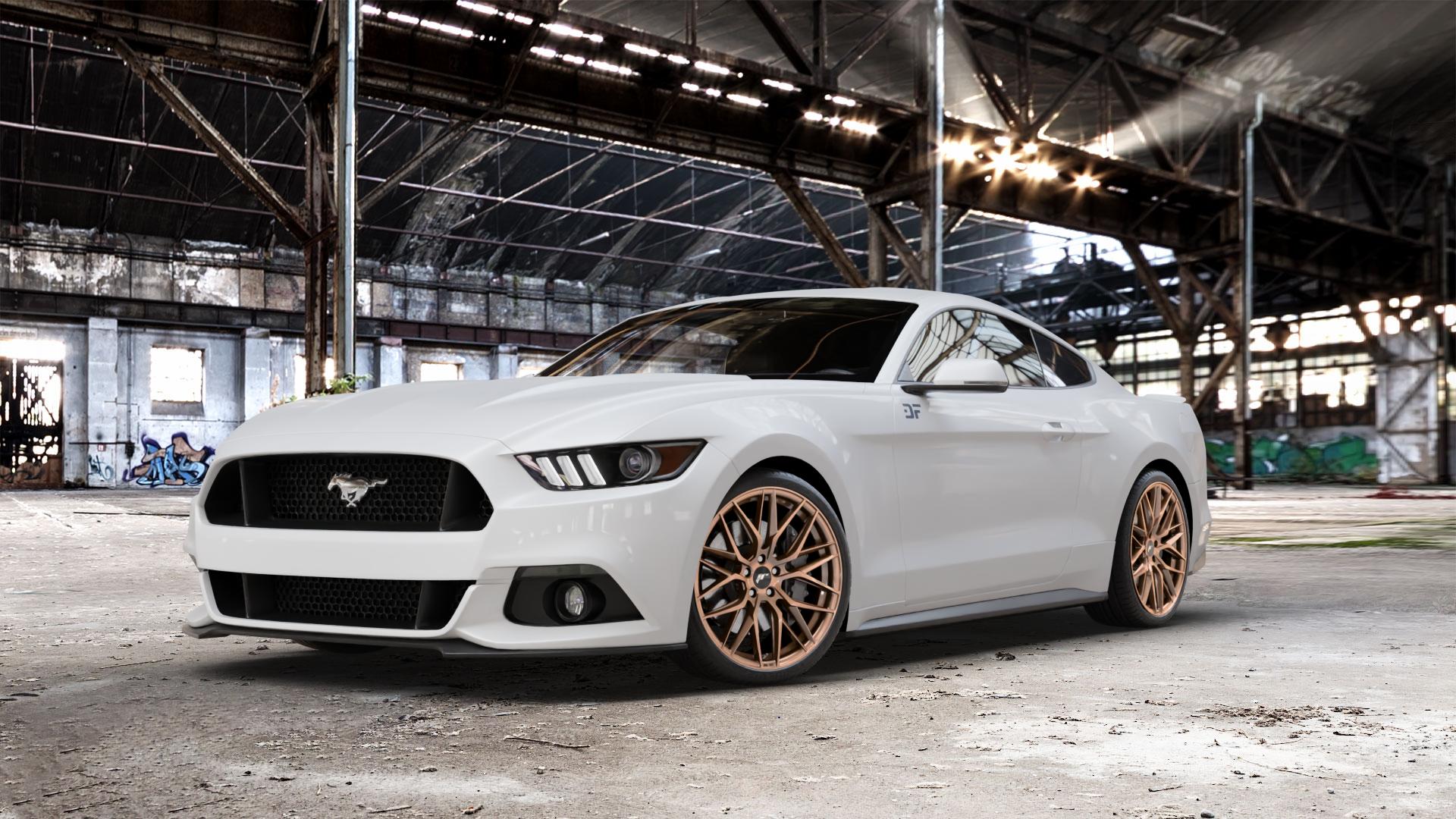 Japan Racing Wheels JR28 Platinum Bronze Felge mit Reifen grau in 20Zoll Winterfelge Alufelge auf weissem Ford Mustang VI Coupe Typ LAE Cabrio ⬇️ mit 15mm Tieferlegung ⬇️ Old Industrial Hall_max_5300mm_2024 Frontansicht_1