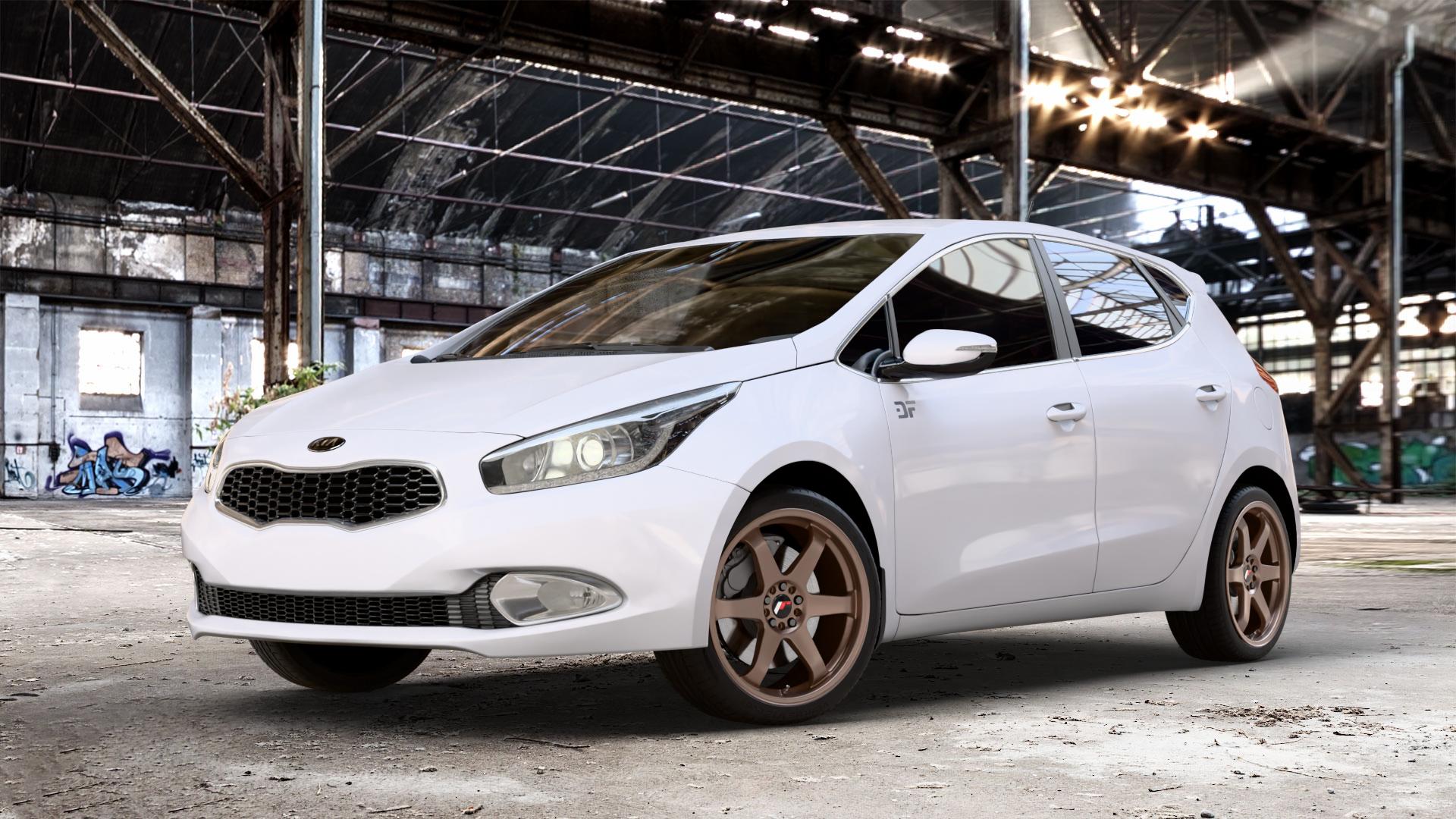 Japan Racing Wheels JR3 Bronze Felge mit Reifen in 18Zoll Winterfelge Alufelge auf weissem Kia Cee d Schrägheck Typ JD Kombi Facelift ⬇️ mit 15mm Tieferlegung ⬇️ Old Industrial Hall_max_4400mm_2024 Frontansicht_1