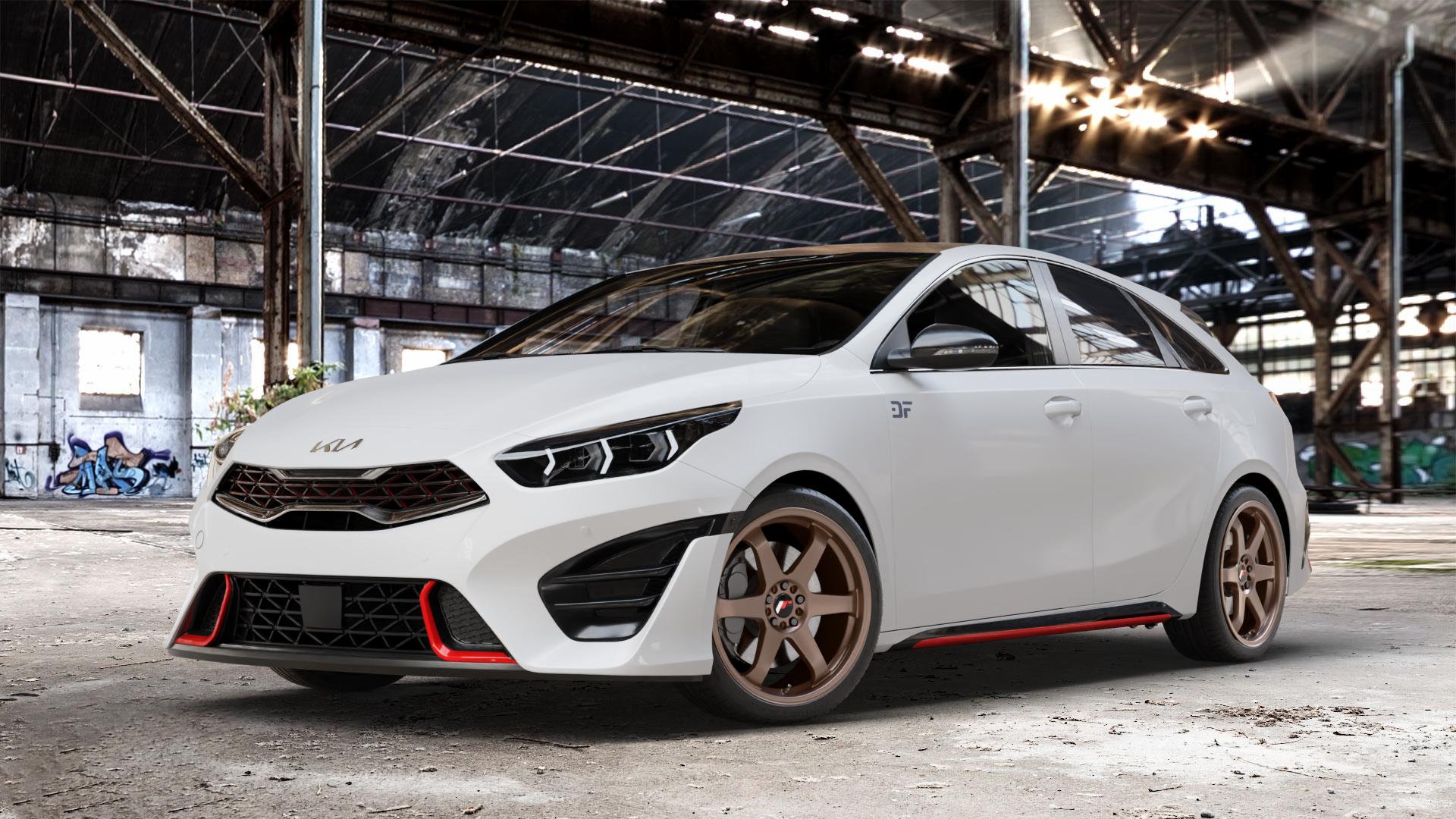 Japan Racing Wheels JR3 Bronze Felge mit Reifen in 18Zoll Winterfelge Alufelge auf weissem Kia ProCeed Typ CD Facelift Pro Cee d ⬇️ mit 15mm Tieferlegung ⬇️ Old Industrial Hall_max_4400mm_2024 Frontansicht_1
