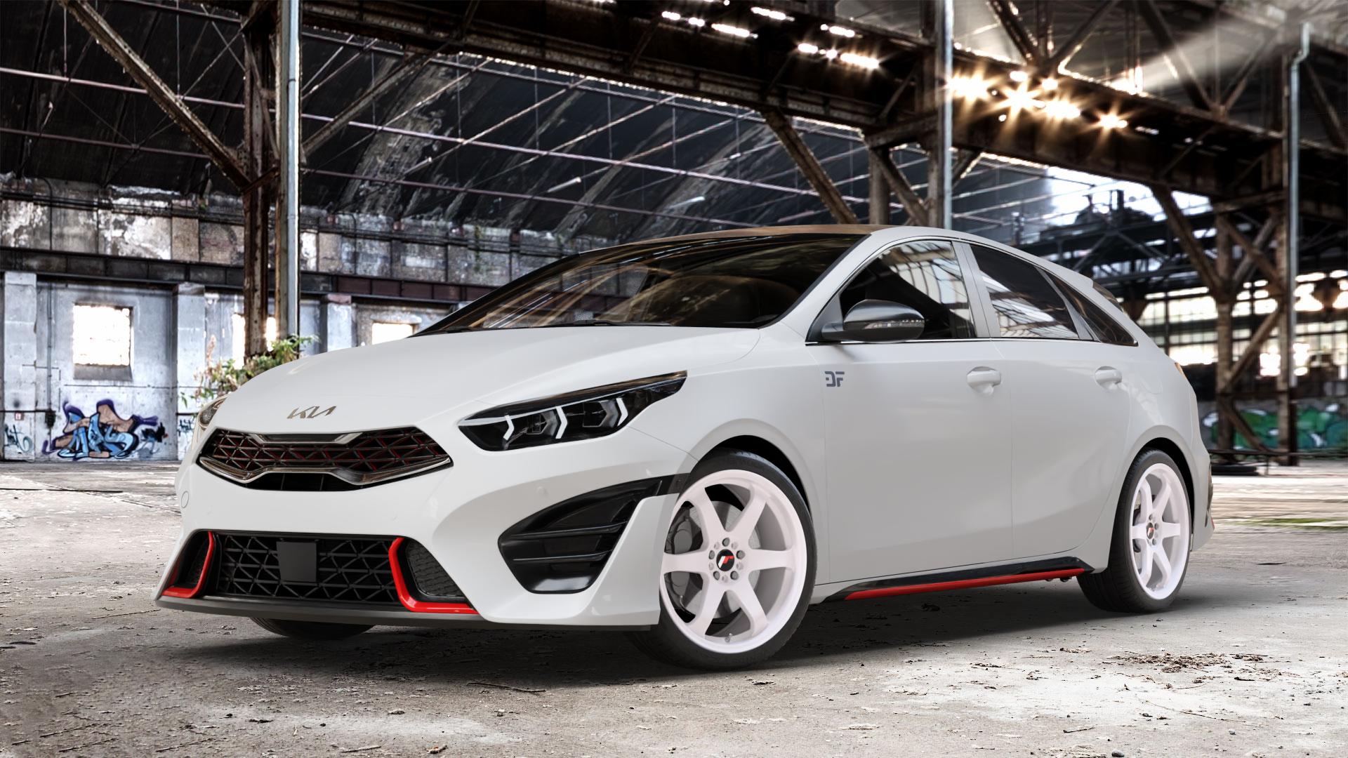 Japan Racing Wheels JR3 White Felge mit Reifen weiss weiß in 18Zoll Winterfelge Alufelge auf weissem Kia ProCeed Typ CD Facelift Pro Cee d ⬇️ mit 15mm Tieferlegung ⬇️ Old Industrial Hall_max_4400mm_2024 Frontansicht_1