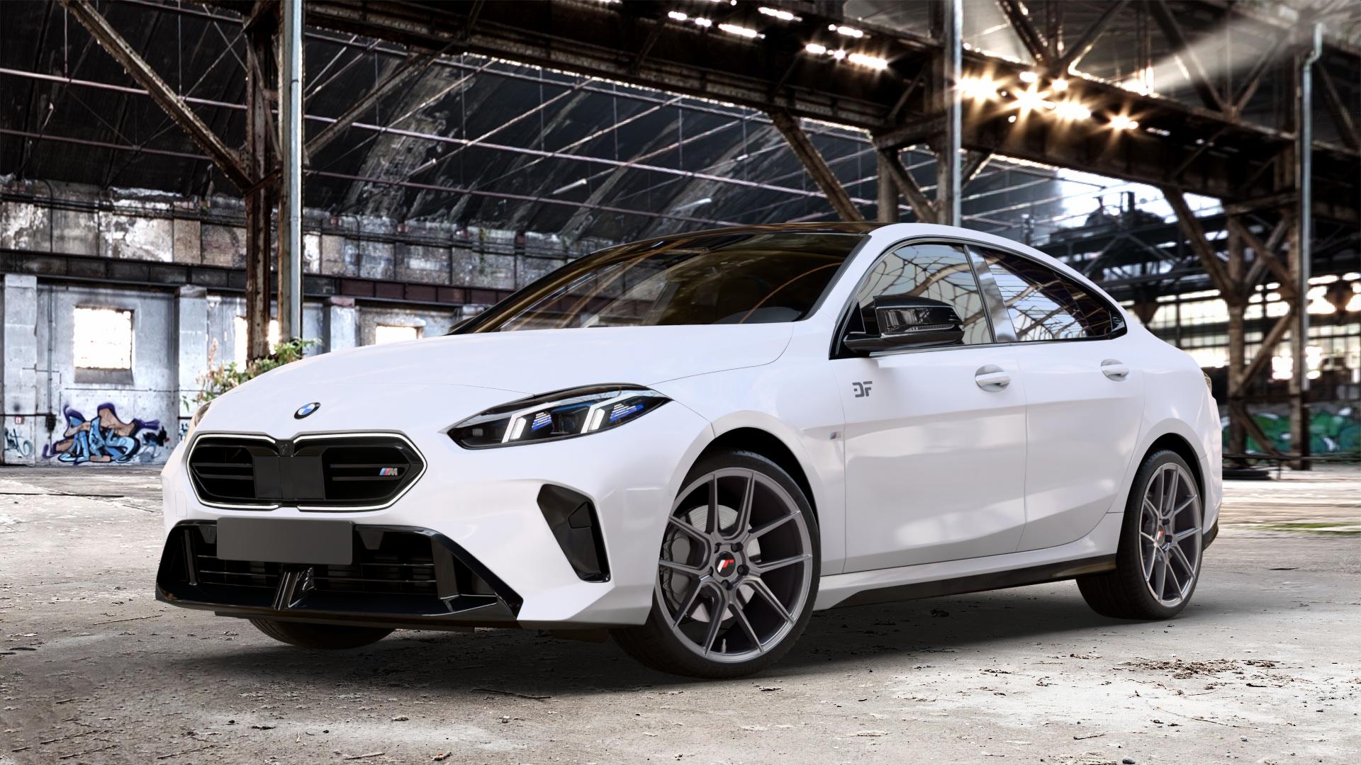 Japan Racing Wheels JR30 Hyper Gray Felge mit Reifen grau silber in 19Zoll Winterfelge Alufelge auf weissem BMW M235 xDrive Typ F74 (Gran Coupe) 2,0l 221kW (300 PS) 2er Gran Coupe (F7) ⬇️ mit 15mm Tieferlegung ⬇️ Old Industrial Hall_max_4400mm_2024 Frontansicht_1